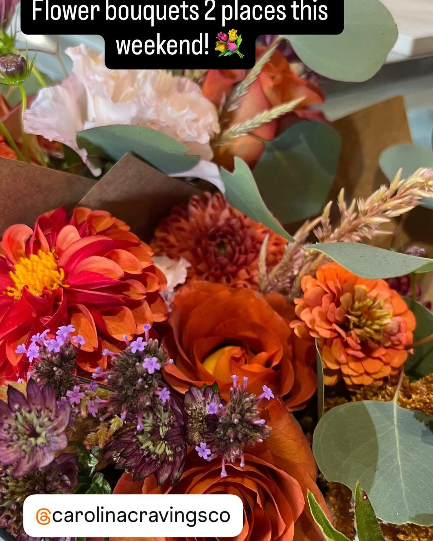 We&rsquo;ve got 2 places to get your fall floral fix this weekend - at @carolinacravingsco or our flowerstand. 💐

These bouquets are packed with beautiful fall dahlias and some lovely surprises. 🌹#Grab one to brighten your gameday snack table, cons