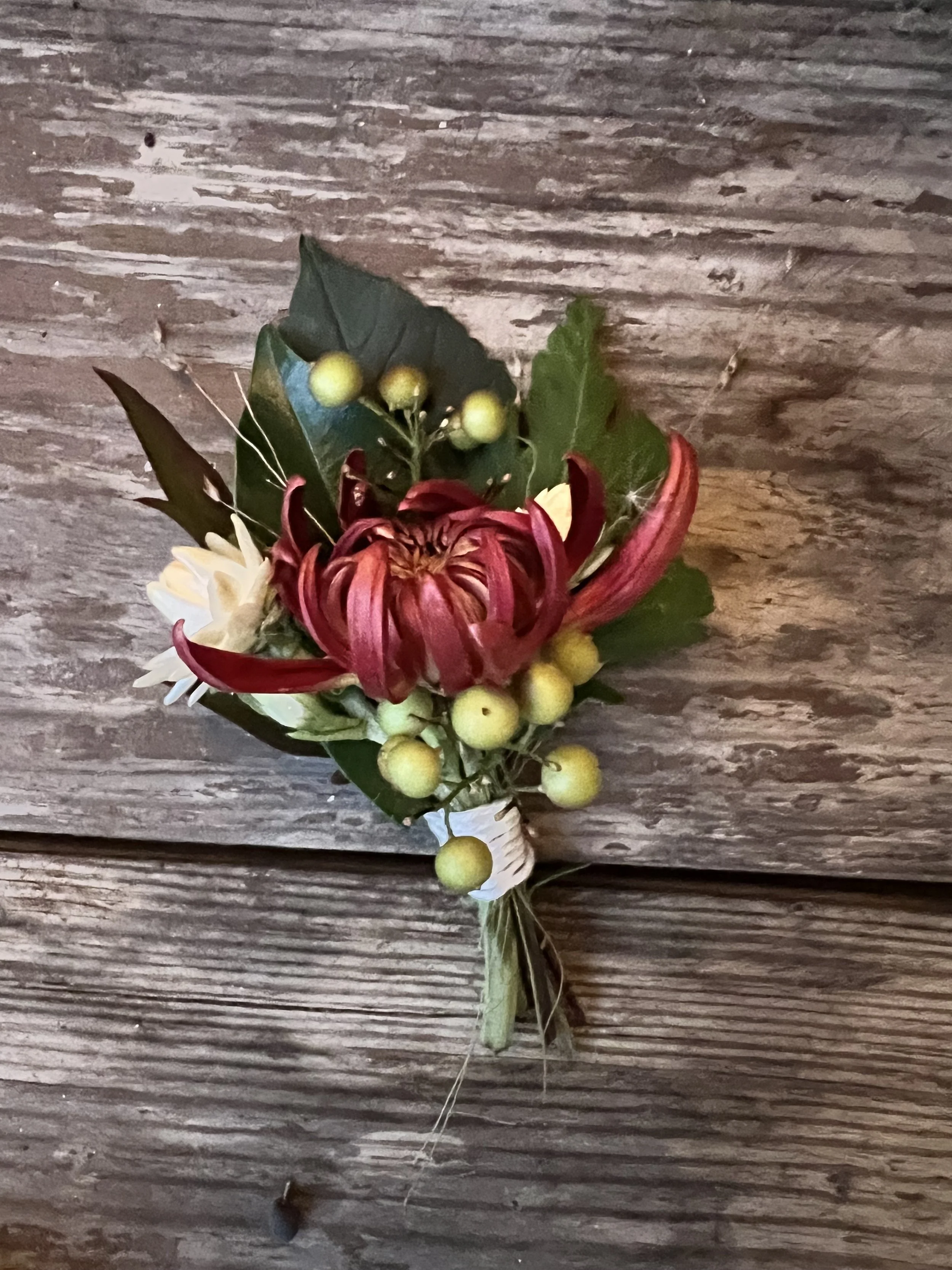 Fall burgundy chrysanthemum boutonniere