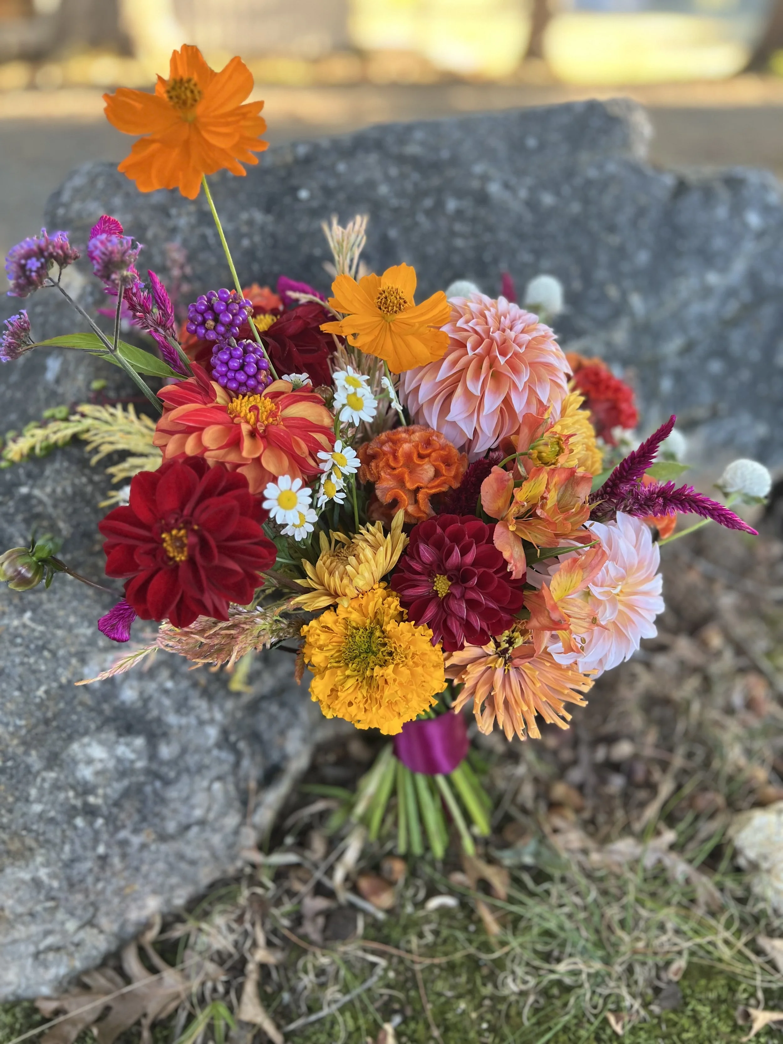 A bold, colorful bridal bouquet from Buck Naked Farm in Pittsboro, NC