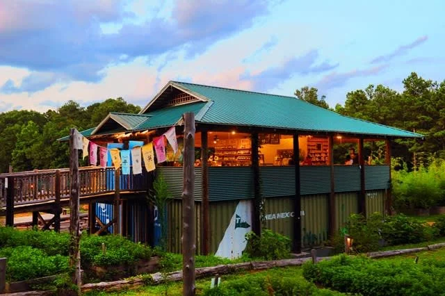 A two-story restaurant with a teal roof, large windows, and colorful flags hanging outside. Surrounded by greenery and trees, with a wooden walkway and outdoor seating area.