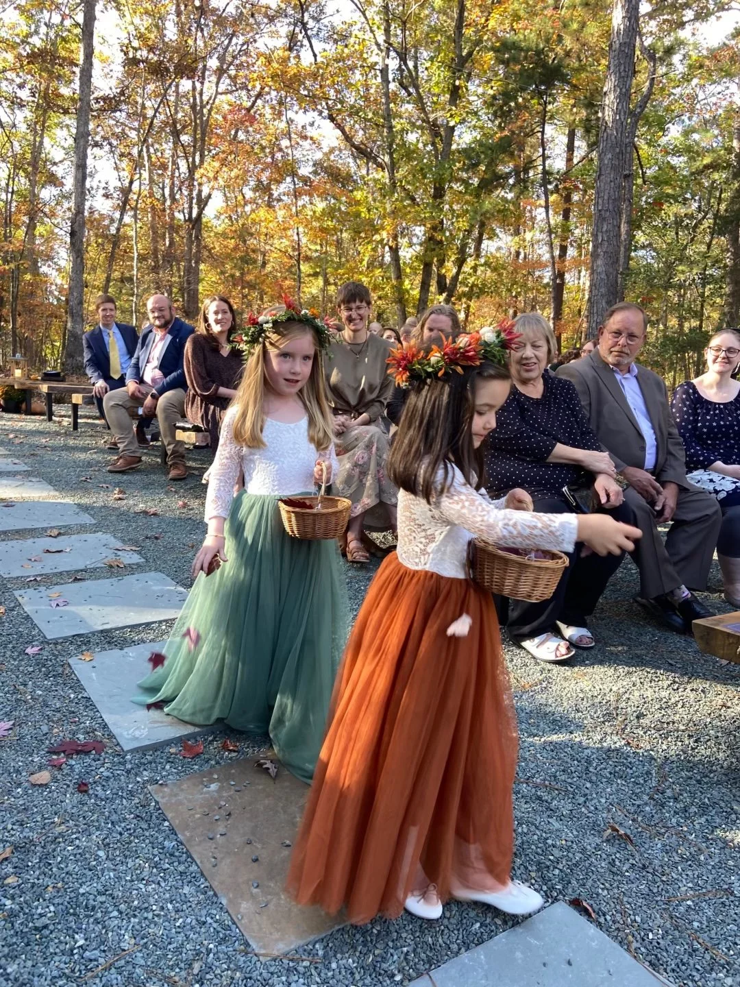 Fall wedding flower girls with flower crowns at an October outdoor wedding at Union Grove Farm in Chapel Hill, NC