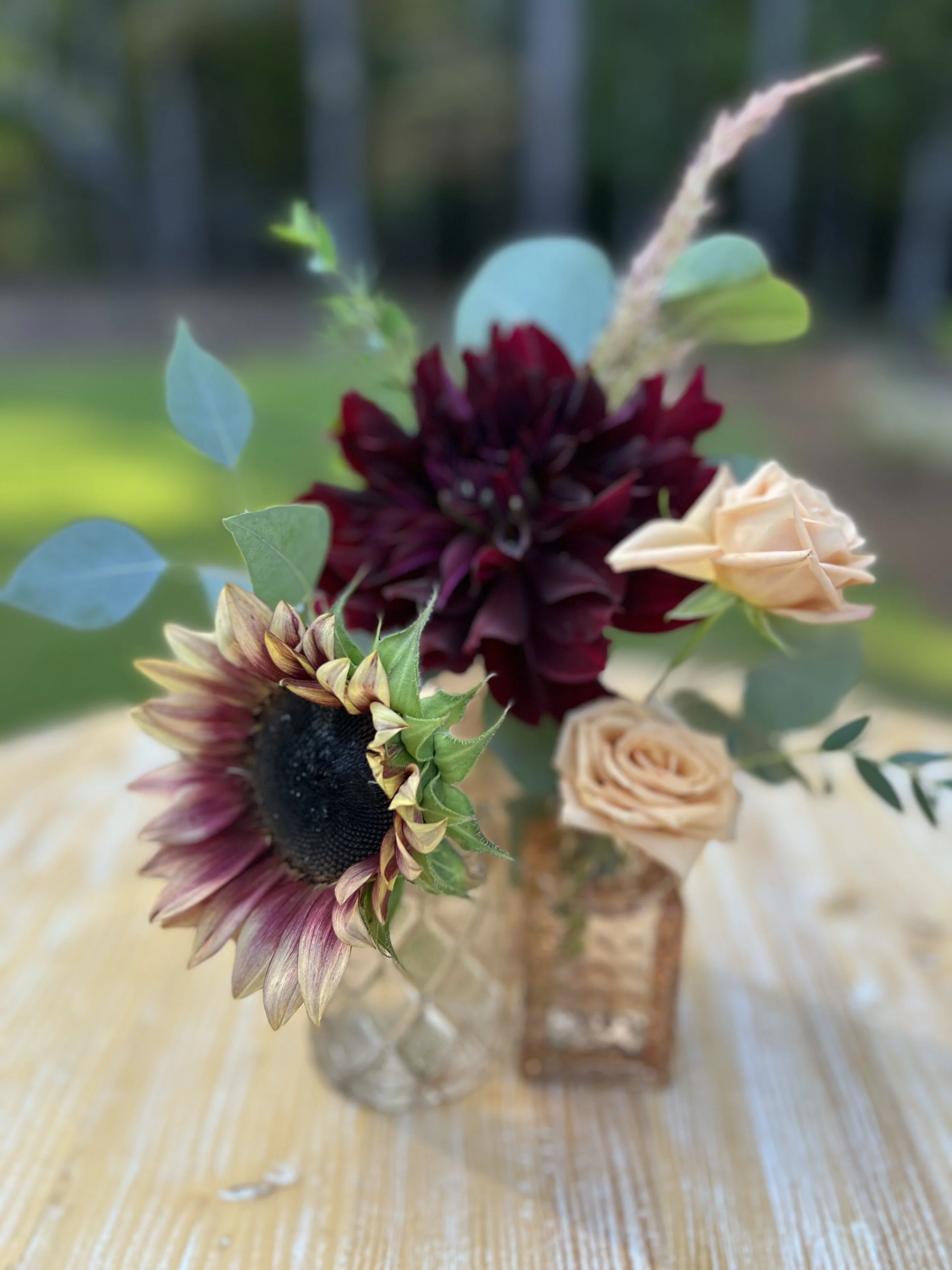 Fall Burgundy bud vases for outdoor wedding