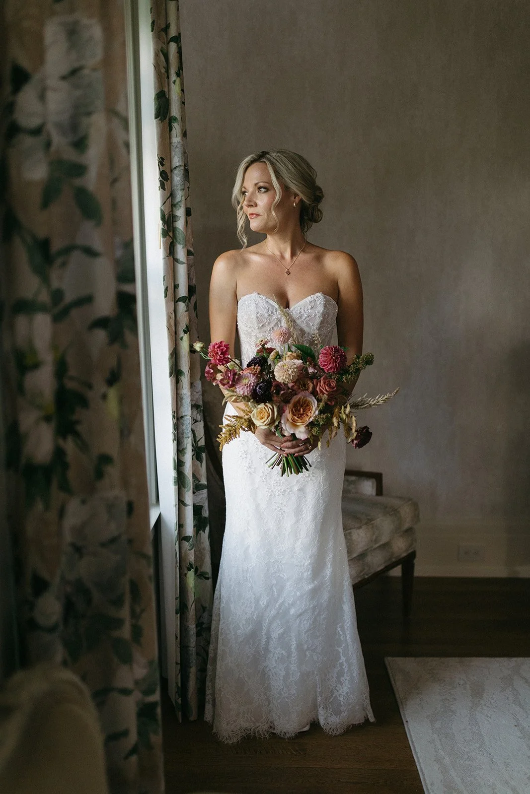 Garden style pink and mauve fall bridal bouquet by Hen House Flowers