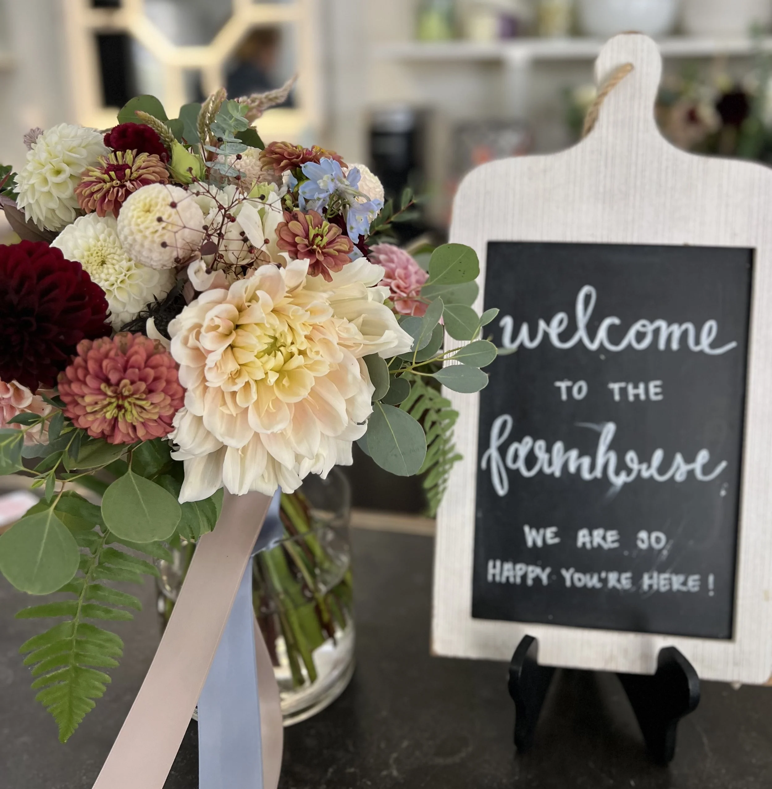 Early fall dahlia bouquet for a wedding at Oakland Farm in Bear Creek, NC