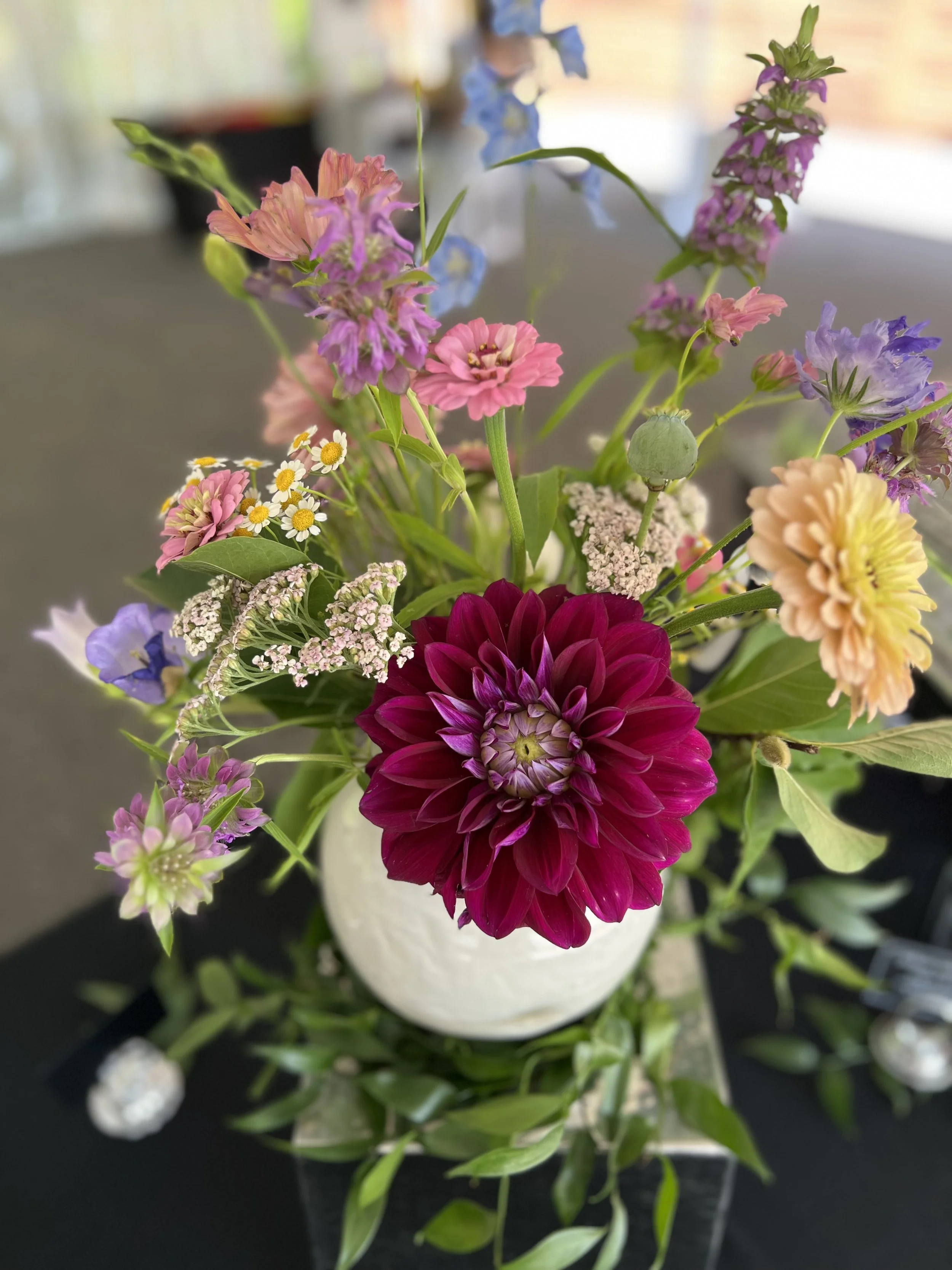 Summer garden style dahlia arrangement in Chapel Hill