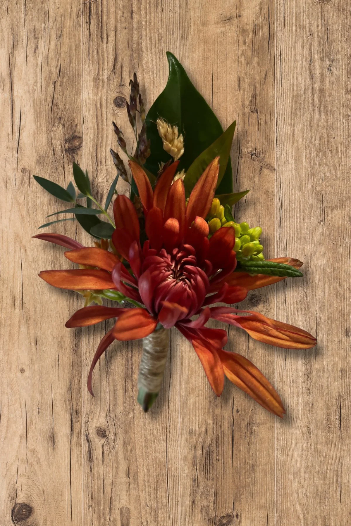 Rust boutonniere for a fall barn wedding in Chapel Hill, NC