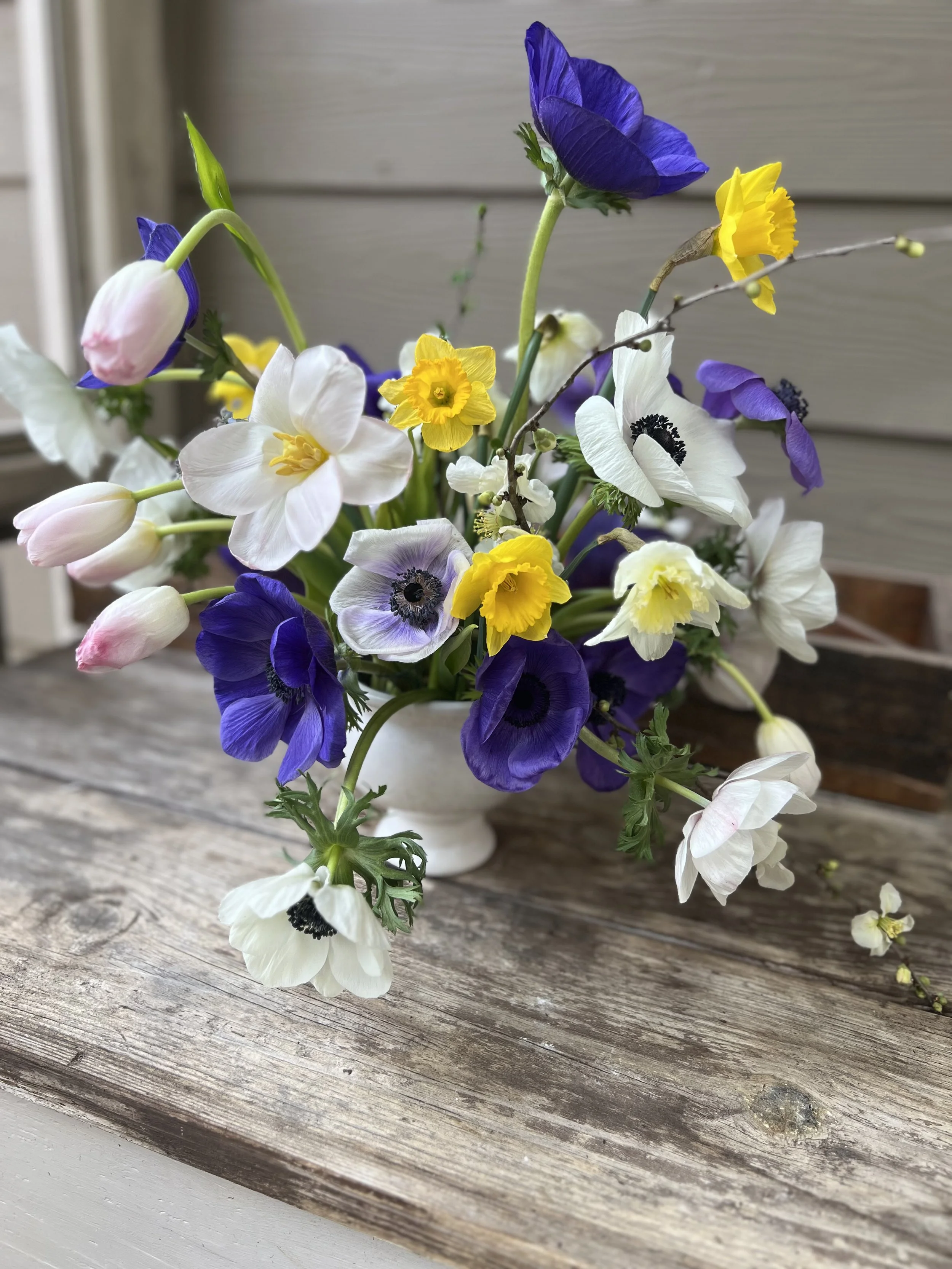 Spring tulip and anemone centerpiece workshop at Buck Naked Farm