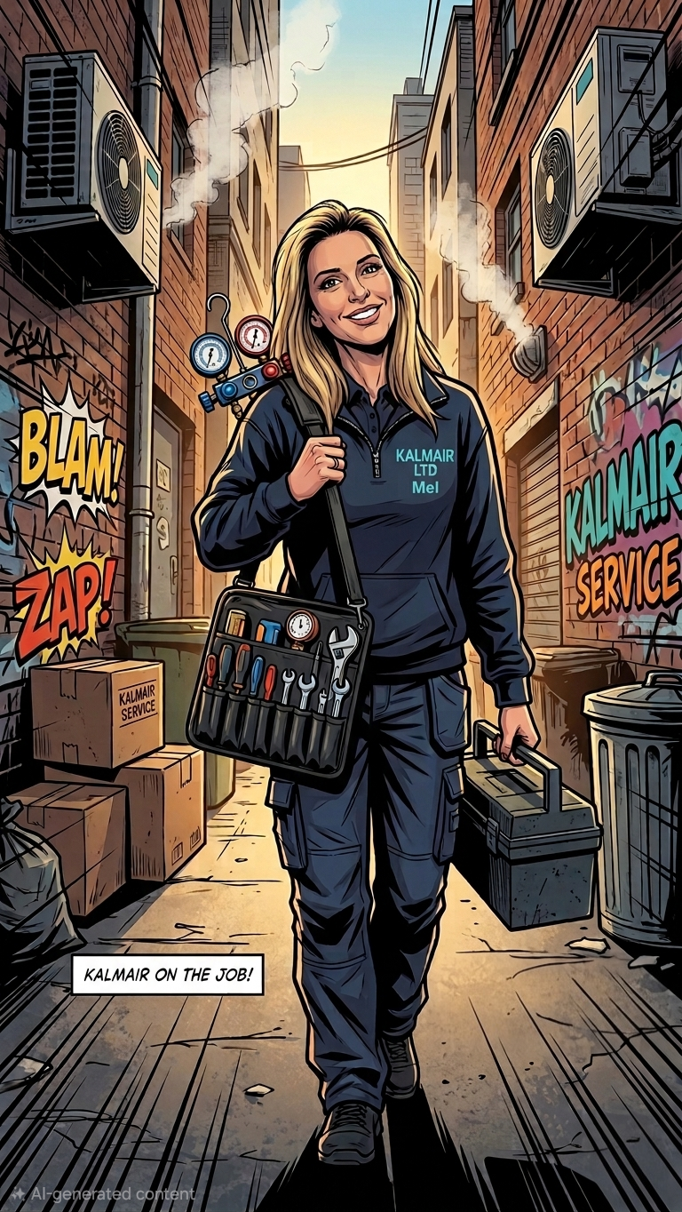 A female technician walking through a narrow alleyway with brick buildings, carrying a toolbox and wearing a uniform with her name and company, Kalmair Ltd, on it. She has a smile and tools attached to her tool belt. The alley has boxes, a trash bin, and graffiti, with air conditioning units on the walls and a cheerful sunset sky above.
