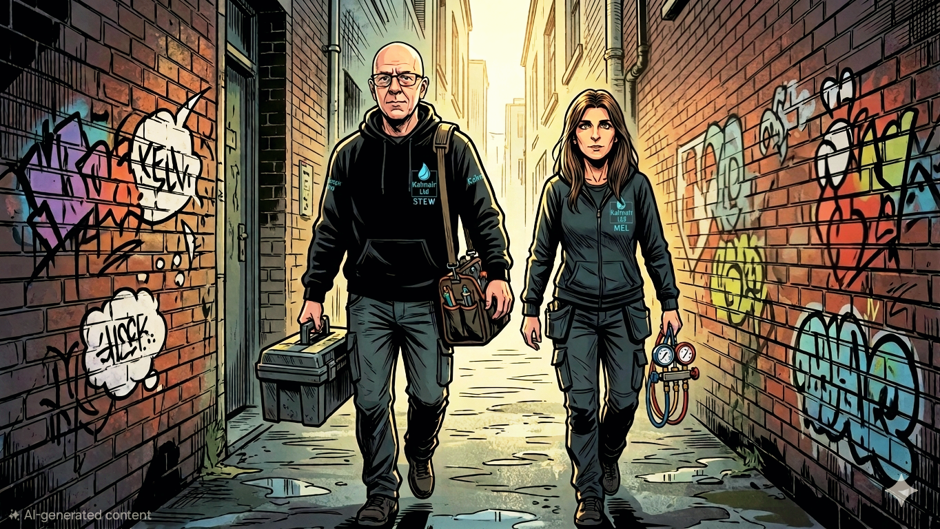 Two Kalmair Ltd engineers, a man and a woman, walking through an alley with graffiti-covered brick walls. . The woman carries a set of gauges and is dressed in work clothes with a company logo. They appear focused as they walk towards the viewer.