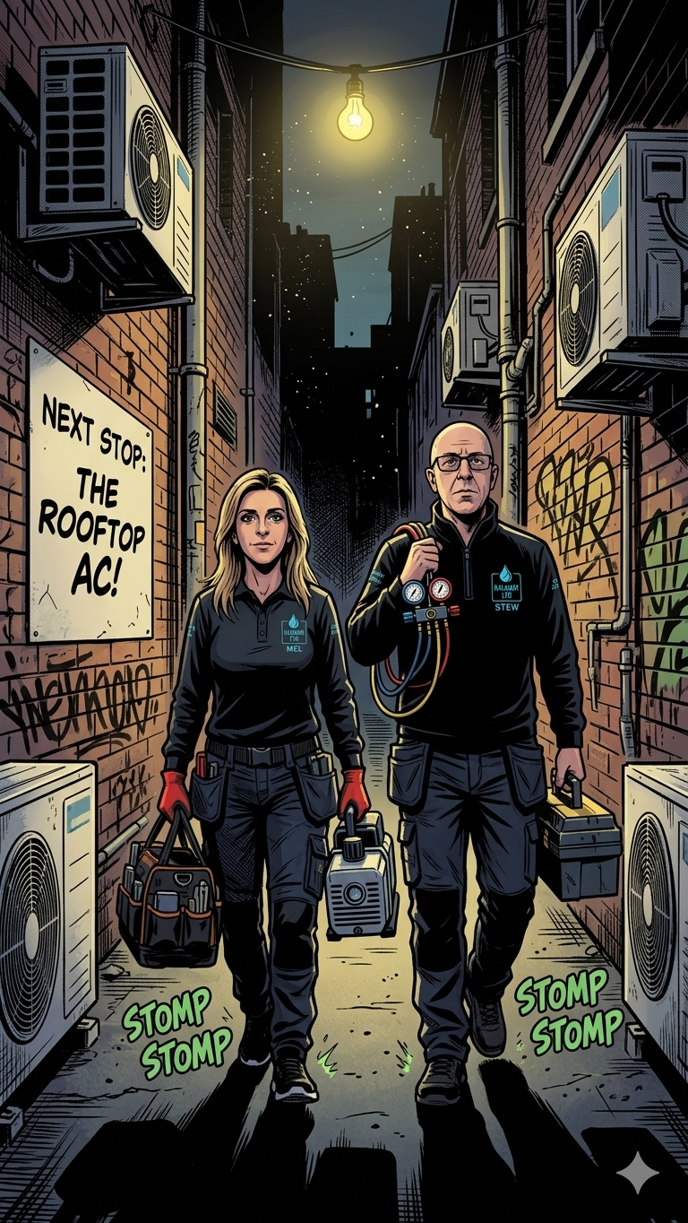 Two repair technicians, one female and one male, walking through a narrow alley at night, carrying tools and equipment, with air conditioning units mounted on brick walls, graffiti, and a bright light bulb overhead. A sign on the wall reads 'Next stop: the rooftop AC!'