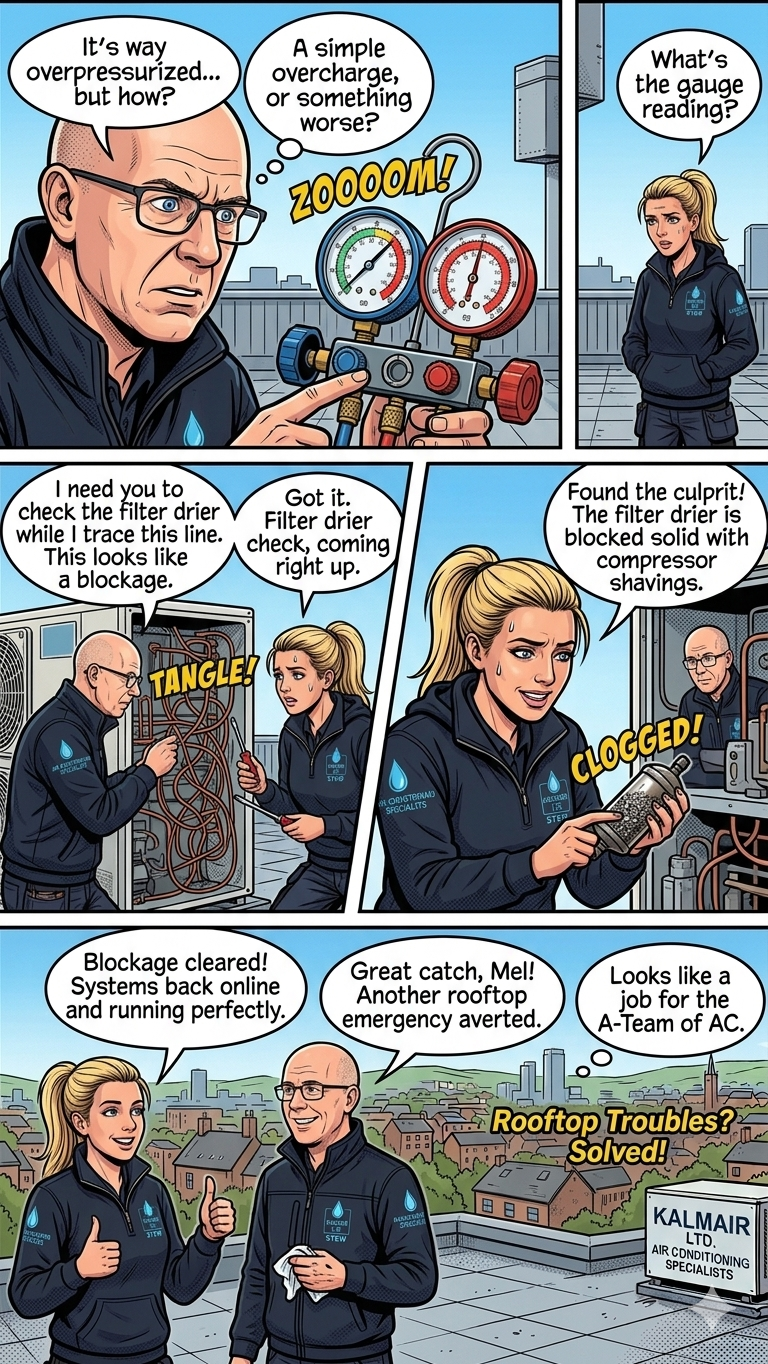 A comic strip showing HVAC technicians troubleshooting an air conditioning system on a rooftop. The first panel depicts a man checking pressure gauges, questioning overpressure and gauge reading. The second panel shows a woman inspecting wires in an electrical panel, finding a clogged filter dryer. The third panel has the woman reporting the blockage resolved, and another technician commenting on the roofing job. The rooftop is labeled with a sign for Kalmair Ltd., air conditioning specialists.