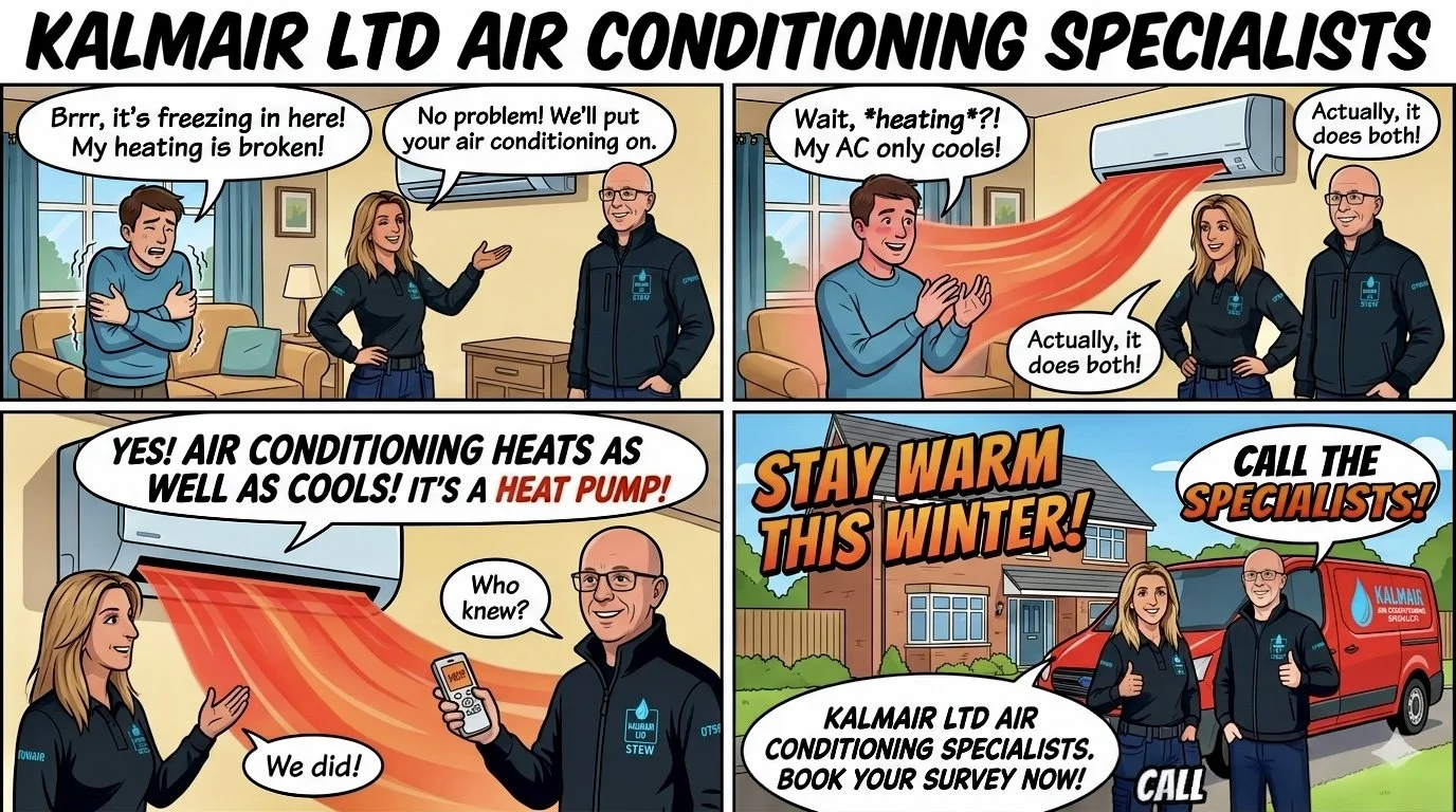 Cartoon of air conditioning professionals from Kalmair Ltd. at work. The comic depicts a scenario where a customer complains about freezing and heating issues with their air conditioning unit, which is both heating and cooling. The specialists explain that their air conditioning unit is a heat pump, capable of both heating and cooling. They emphasize the importance of booking a survey to stay warm during winter.