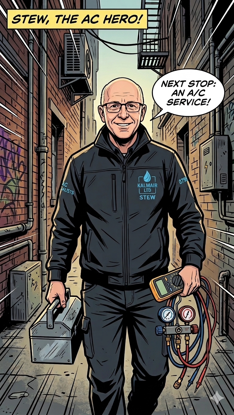 A cartoon illustration of an HVAC technician walking down a narrow alley, carrying a toolbox in one hand and a digital multimeter connected to a manifold gauge set in the other. The technician is wearing a black jacket with a blue logo and the words "KALMAIR LTD STEW." The alley is lined with brick buildings, pipes, an air conditioning unit, and electrical boxes. The scene has a comic book style with a caption that reads 'STEW, THE A/C HERO!' and a speech bubble saying 'NEXT STOP: AN A/C SERVICE!'.