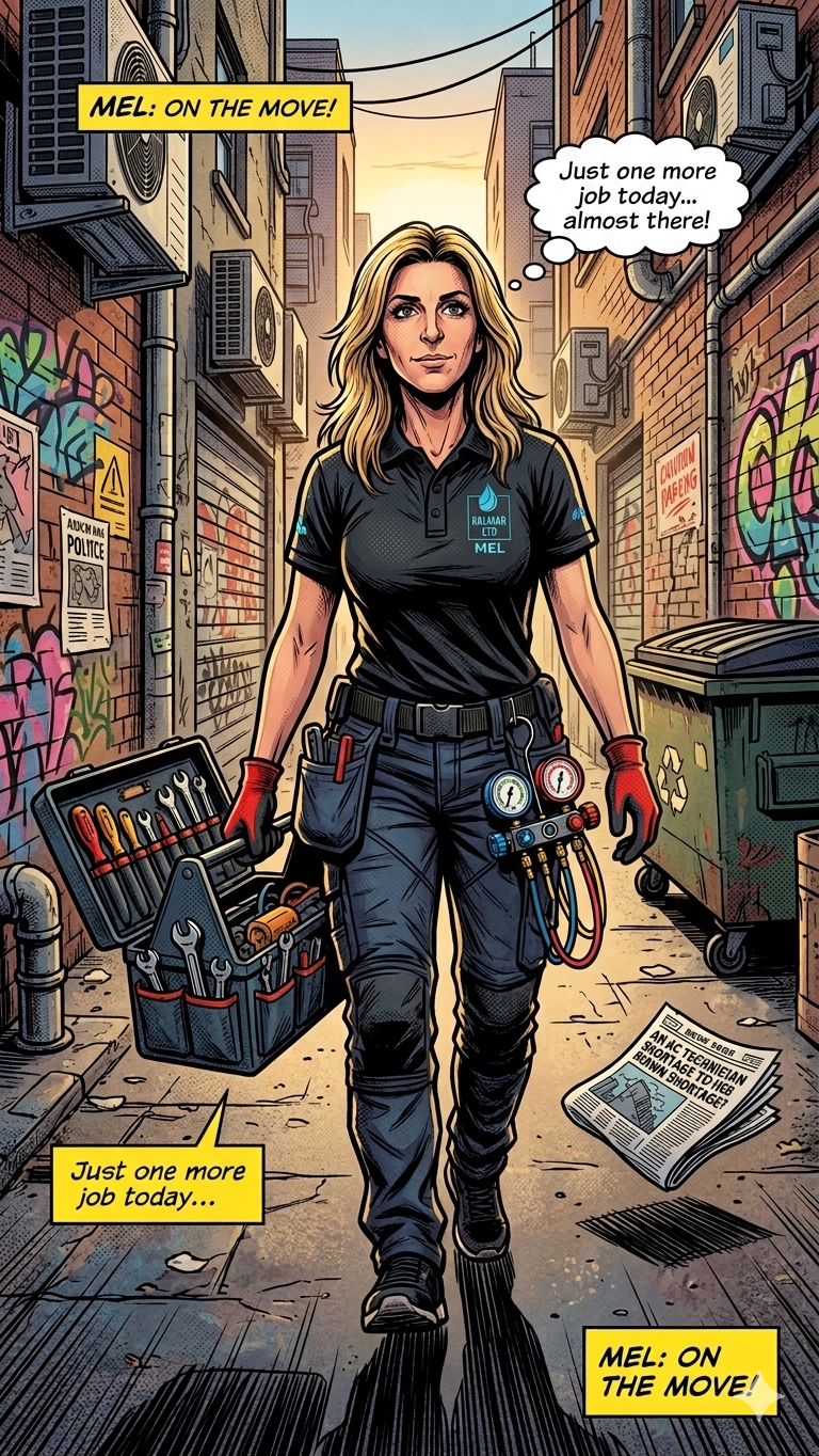 A female utility worker walking down a graffiti-covered alleyway at sunset, carrying tools and testing equipment. She wears a black uniform with a logo on her shirt that says 'MEL'. There are posters and graffiti on the alley walls, and a newspaper on the ground. She looks determined, with motivational speech bubbles indicating she is on the move and needs one more job to complete her work for the day.