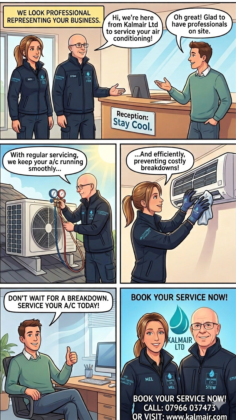 Comic strip advertisement for air conditioning service from Kalmair Ltd. Features professionals in uniforms showing AC maintenance, a customer at reception, and a happy customer with a technician. Call and website info included.