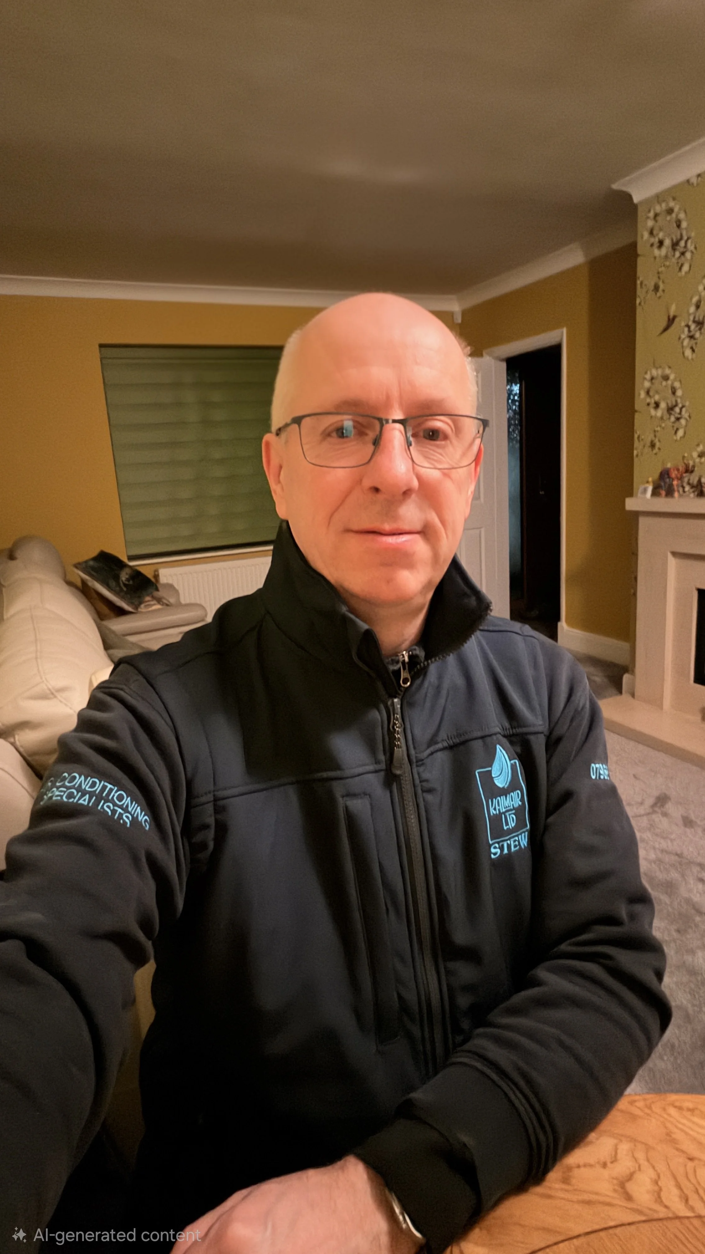 A man with glasses taking a selfie indoors, wearing a black Kalmair Ltd. uniform. The room has yellow walls, a fireplace, and a window with a green blind.