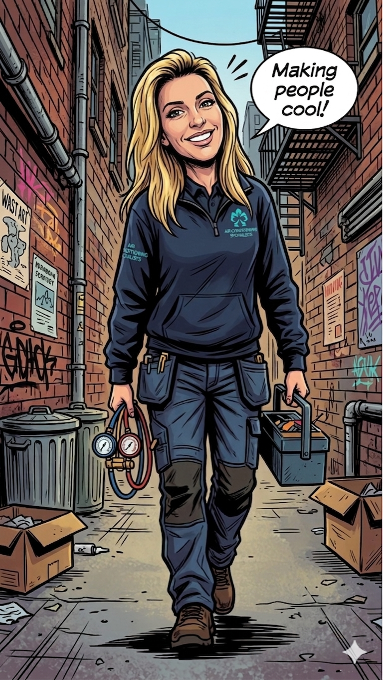 A woman in a Kalmair Ltd uniform walking through an alleyway holding tools and a toolbox, smiling, with a speech bubble saying "Making people cool!"