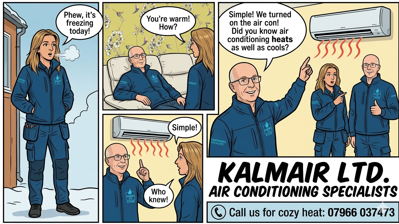 A comic strip about air conditioning repair. The first panel shows a woman outside in cold weather complaining about freezing. The second panel shows her lying on a sofa talking to a man who is sitting. The woman says she's warm, and the man explains that they turned on the air conditioner and air conditioning heats as well as cools. The third panel shows the man pointing to an air conditioning unit, saying 'Simple.' The woman responds, 'Who knew!' with a surprised expression. The final panel advertises Kalmar Ltd. air conditioning specialists, with a phone number for contact.