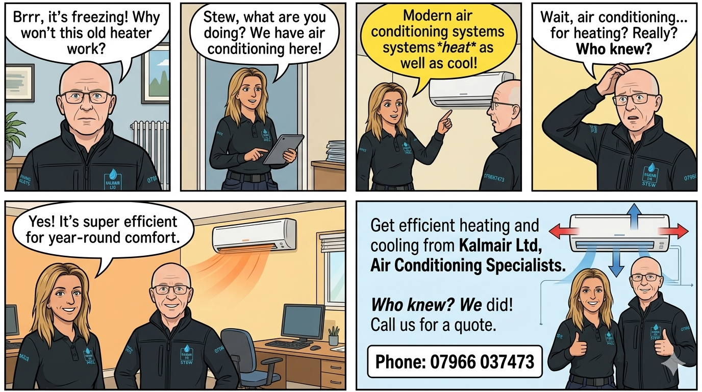 A comic strip advertises Kalmair Ltd, air conditioning experts, highlighting the efficiency of modern systems that heat and cool. It shows a man frustrated with an old heater, a technician explaining modern air conditioning, and the duo enjoying the efficient cooling.