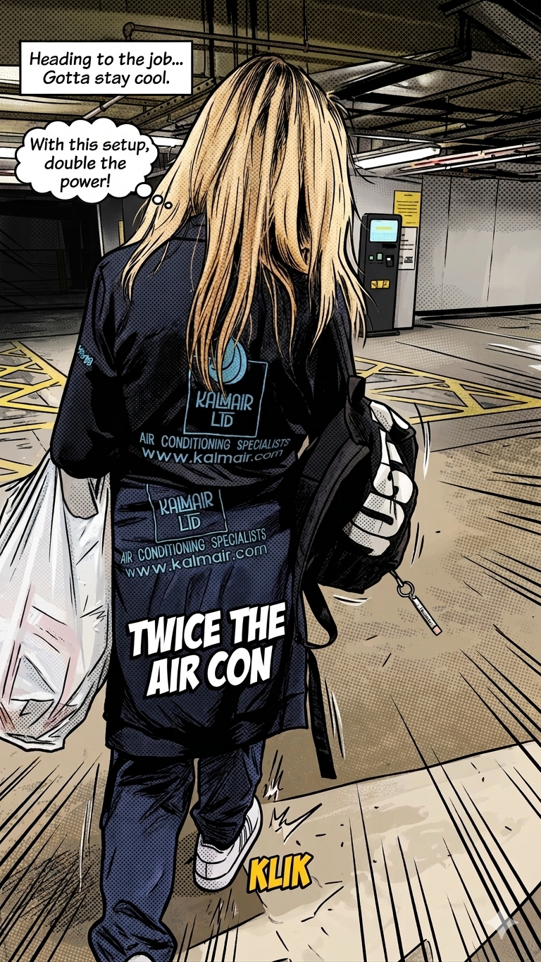 A person with long blonde hair, seen from behind, walks in a parking garage carrying a white plastic bag and a backpack. They wear a uniform with the logo and website of an air conditioning company, Kalmair Ltd, and a message that reads 'Twice the air con.' The scene is in an indoor parking area with a ticket machine visible in the background.