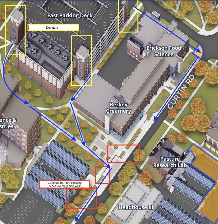 Map showing the area around the East Parking Desk including suggested pathways, elevators, and barriers to access.