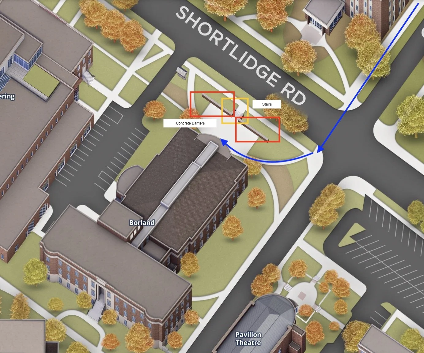 Map showing the Borland Building including suggested pathway and barriers to access.