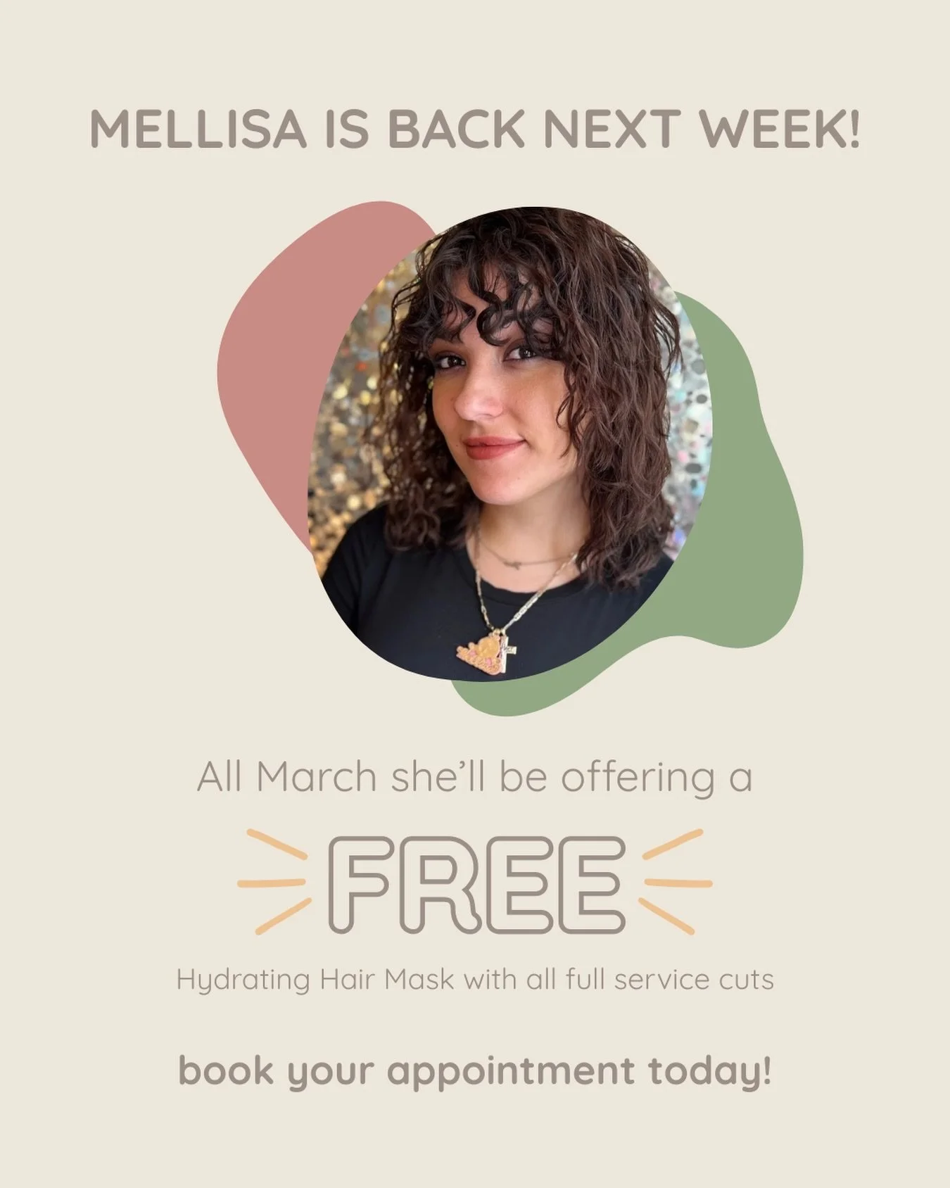 She&rsquo;s back! Mellisa returns next week and is treating your curls to a complimentary hydrating mask with all of her full service cuts in March. 💗✨