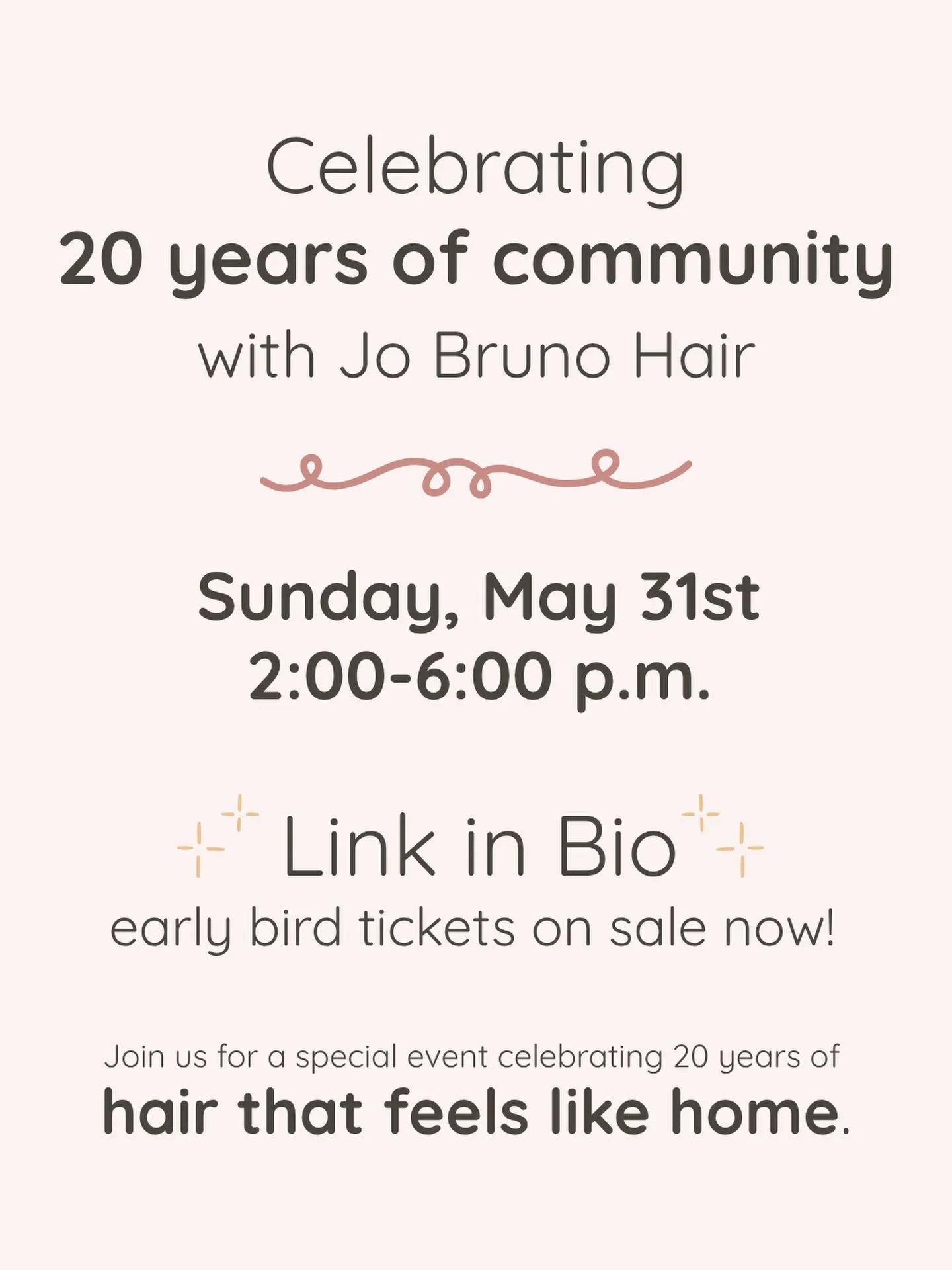 We&rsquo;re celebrating 20 years of Jo Bruno Hair 🤍

Join us in the salon for drinks, light bites, music, raffles, and more.

Early Bird tickets are now live &mdash; only 10 available.

Once they&rsquo;re gone, they&rsquo;re gone.
🔗 Link in bio