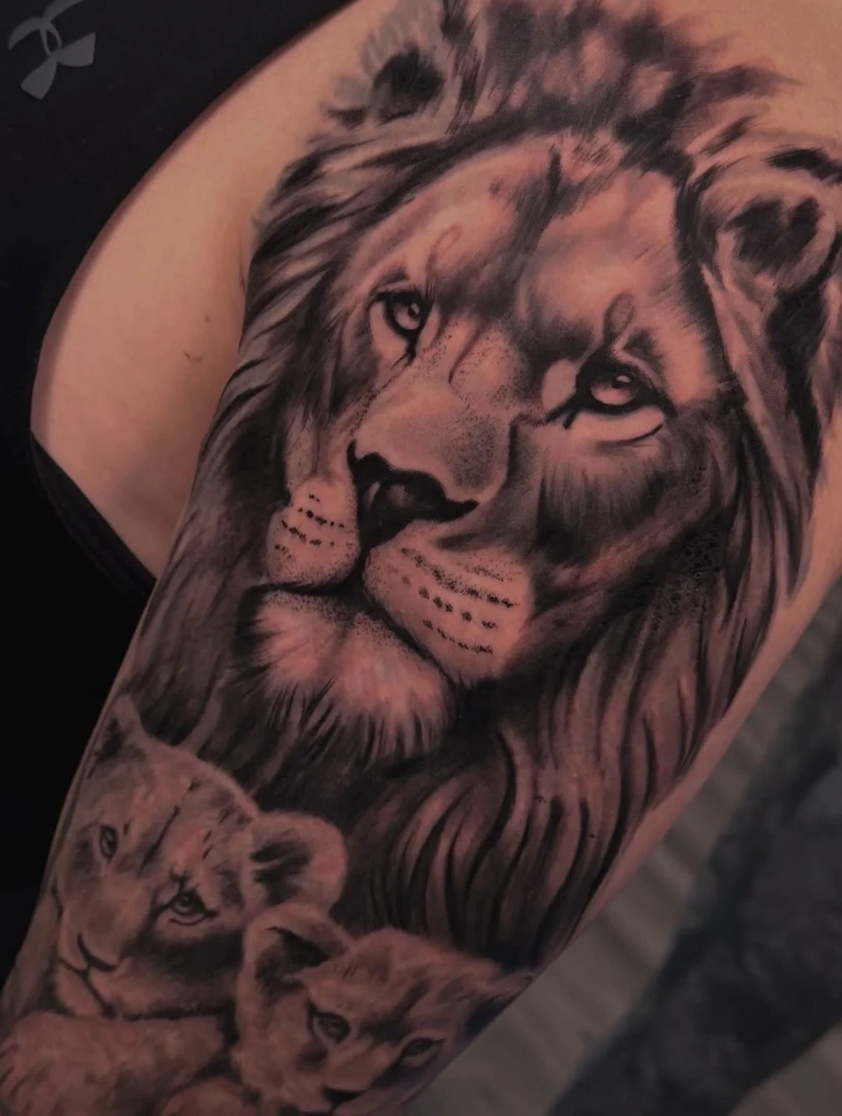 Black and gray tattoo of a lion's face with a detailed mane and piercing eyes, situated on a person's arm, alongside the images of two lion cubs at the bottom.
