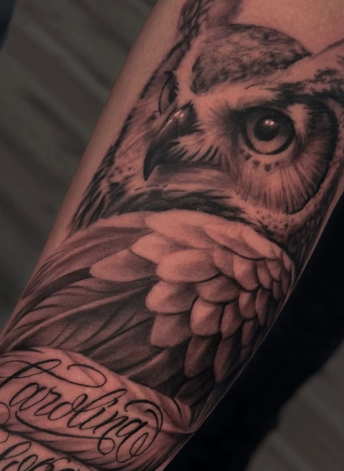 Tattoo of an owl's face with detailed feathers and a large eye on a person's arm.