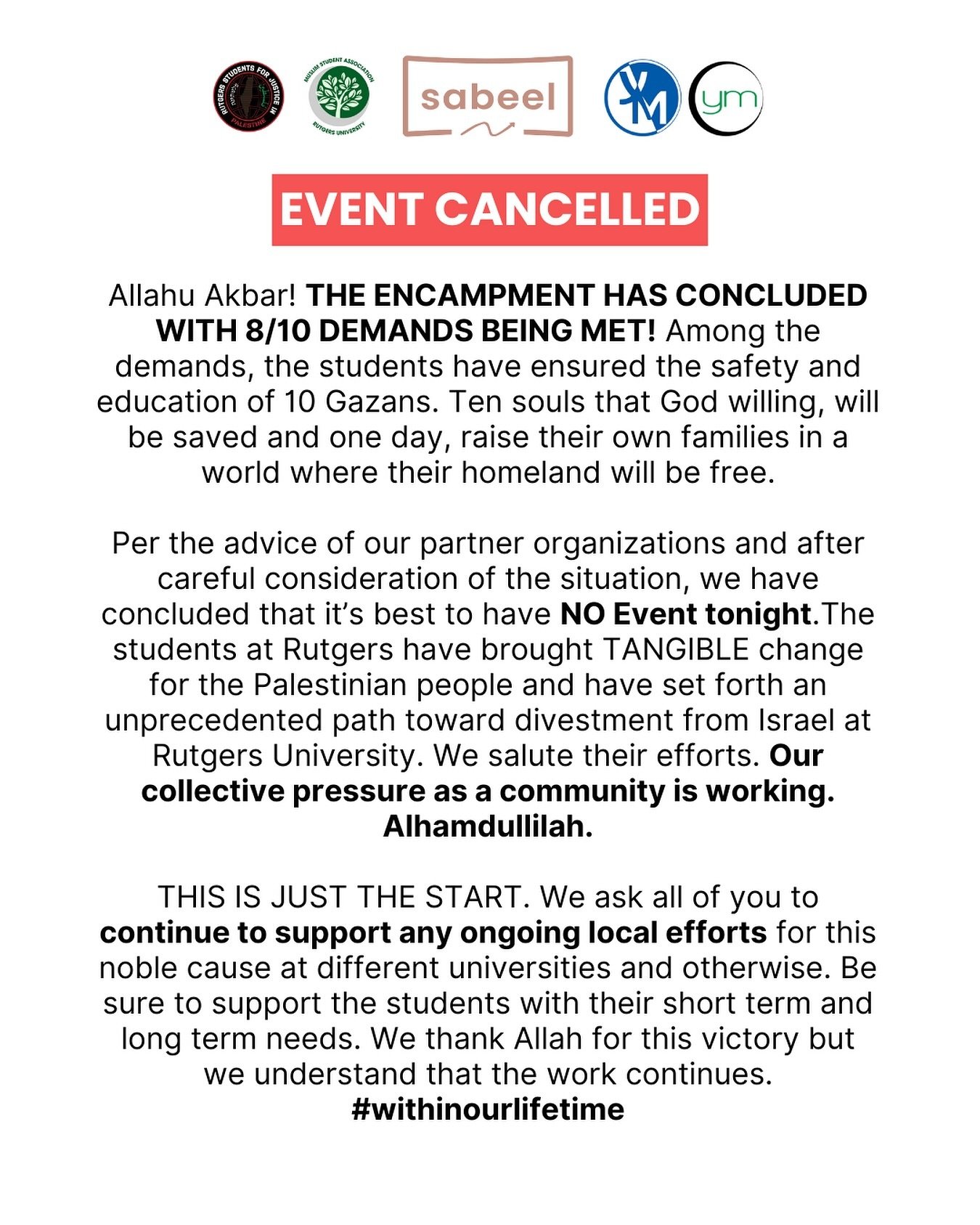 UPDATE: No event tonight 📣The students have done their part to initiate a positive change for divestment and justice at Rutgers New Brunswick alhamdulillah. The fight is not over, we encourage you all to continue to support any ongoing local efforts