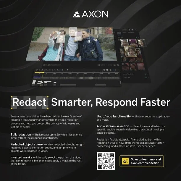 Display screen showing a woman taking a selfie with a police officer and another woman. Text overlay reads "Redact Smarter, Respond Faster" with descriptions of video redaction features. Logos and a QR code are present.