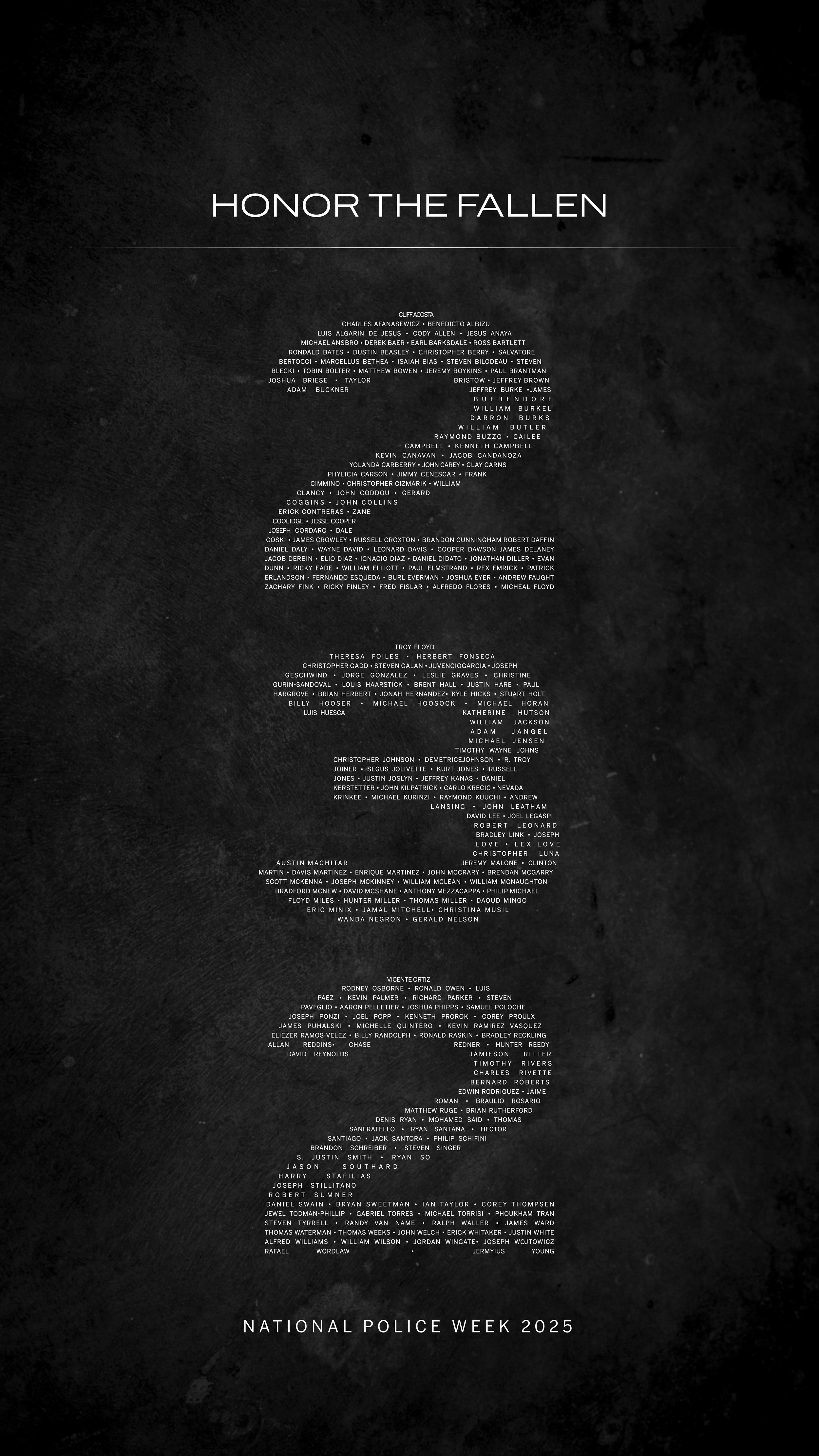 Image of a memorial tribute titled 'Honor the Fallen' for National Police Week 2025, listing names of fallen officers on a dark background.