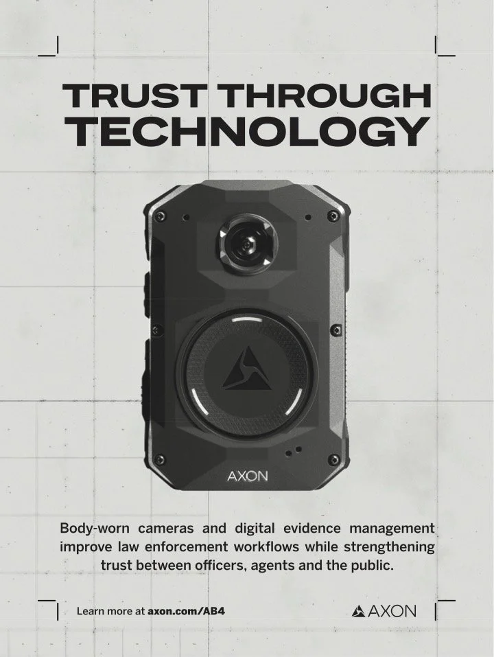 A black body-worn camera with the brand name Axon, accompanied by text that says 'Trust Through Technology'. Additional text explains that these cameras and digital evidence management improve law enforcement workflows and build trust with the public.