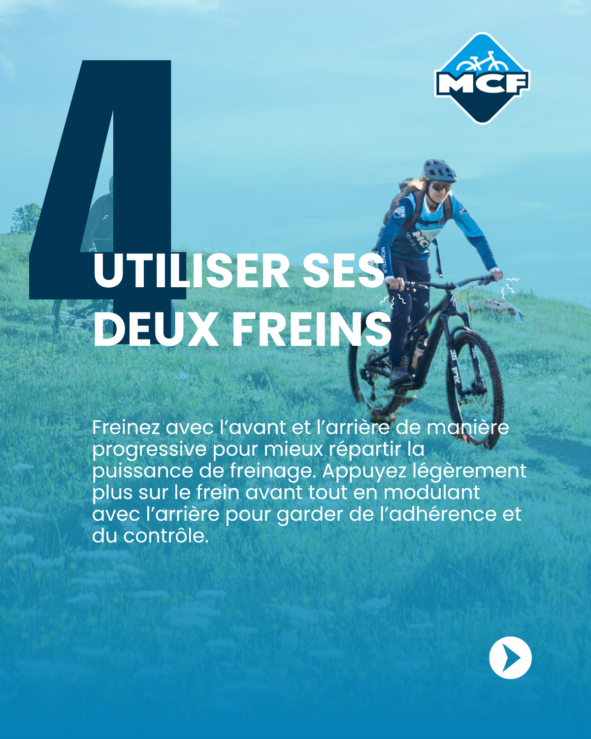 Débutant apprenant les techniques de freinage en VTT avec l'accompagnement d'un Moniteur-Guide