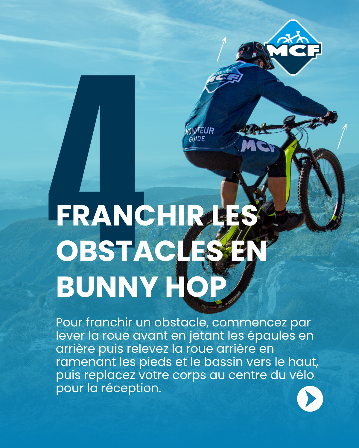 Pratiquant VTT effectuant un bunny up pour franchir un obstacle sans perdre de vitesse