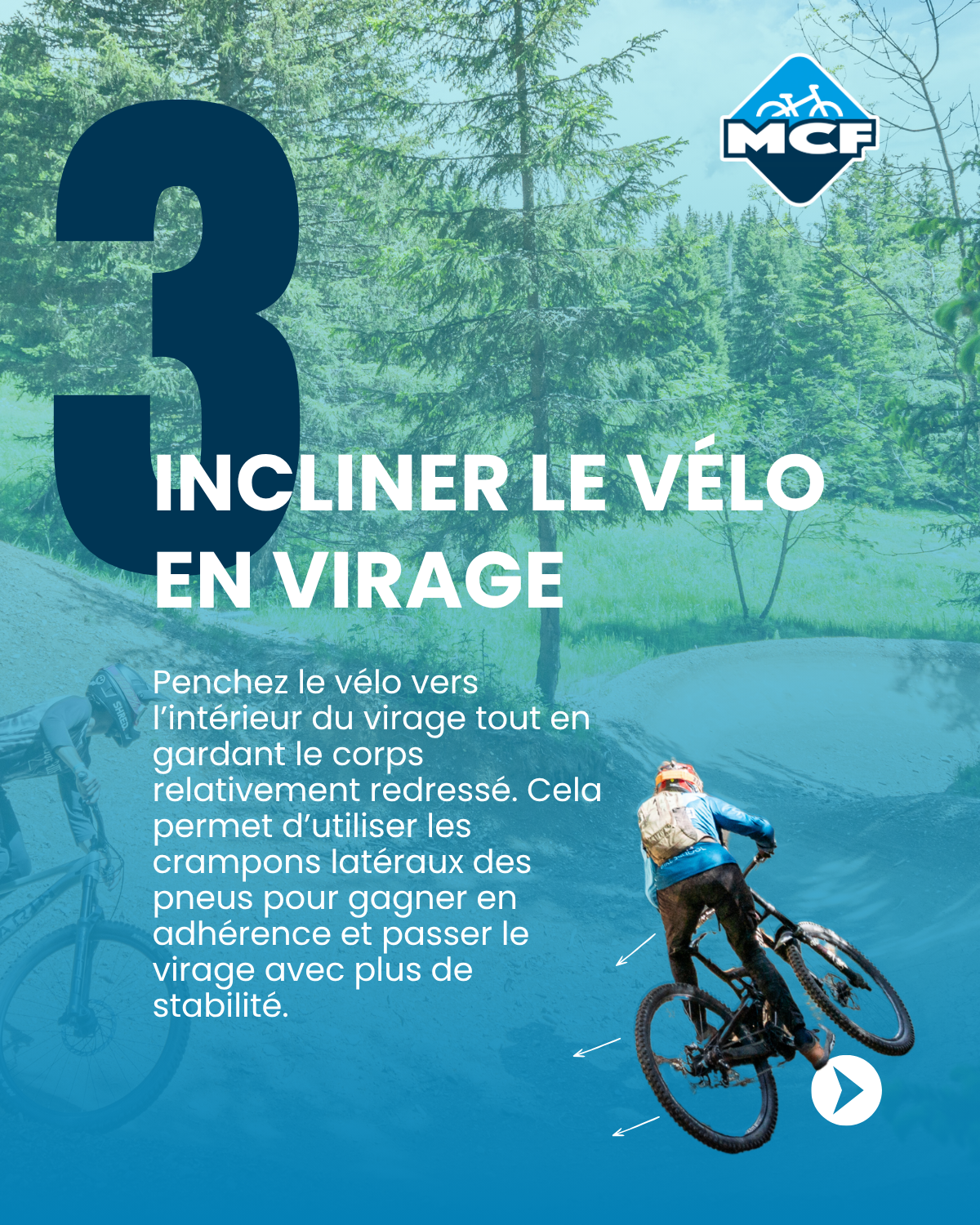 Vététiste inclinant son vélo dans un virage afin d'augmenter l'adhérence des pneus sur le sentier