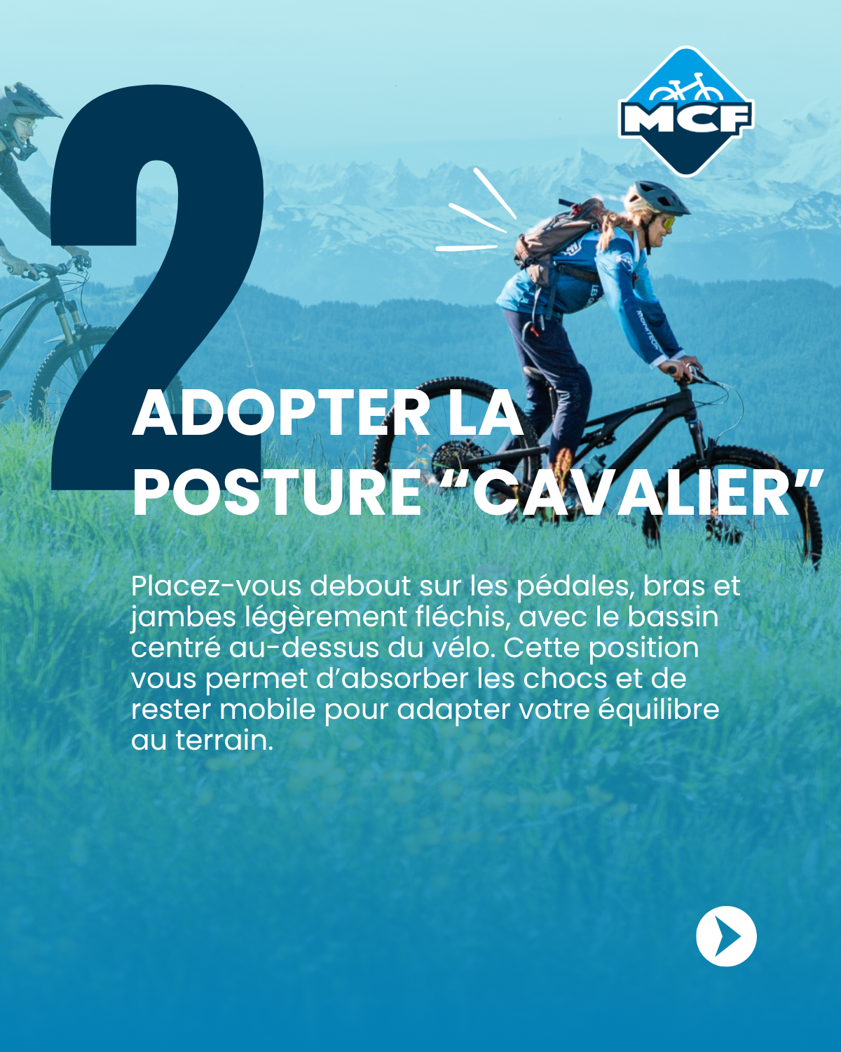 Pratiquant débutant adoptant la bonne position sur son VTT pour améliorer son équilibre et son pilotage