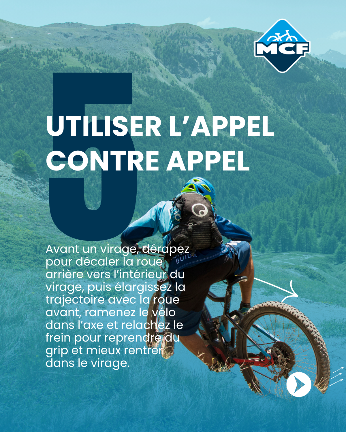 Vététiste utilisant la technique de l'appel contre-appel pour optimiser sa trajectoire dans un virage serré