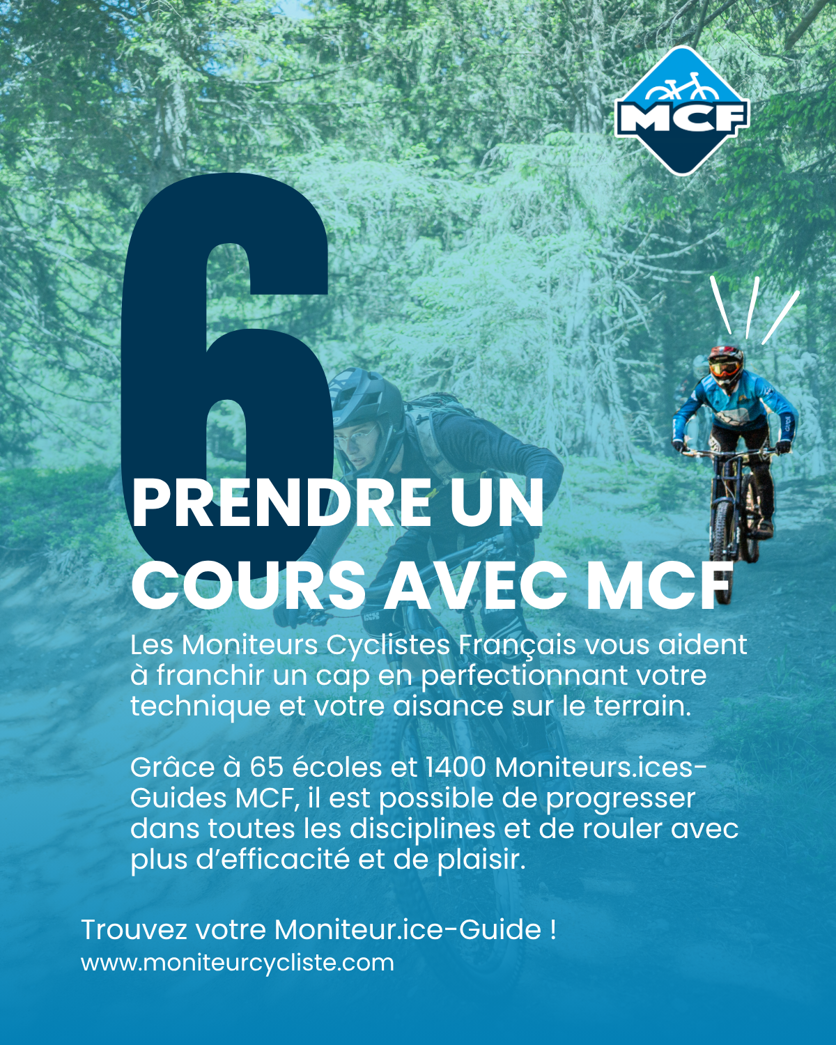Moniteur-Guide des Moniteurs Cyclistes Français encadrant une séance de perfectionnement technique en VTT