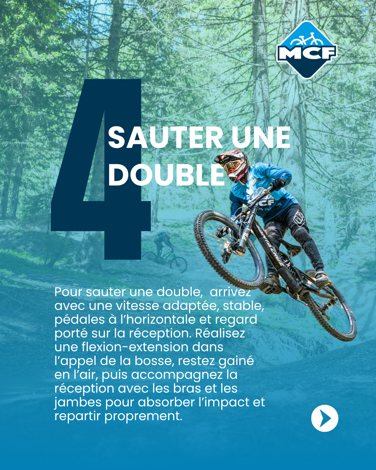 Pilote VTT réalisant un saut de double avec une trajectoire maîtrisée et une réception contrôlée