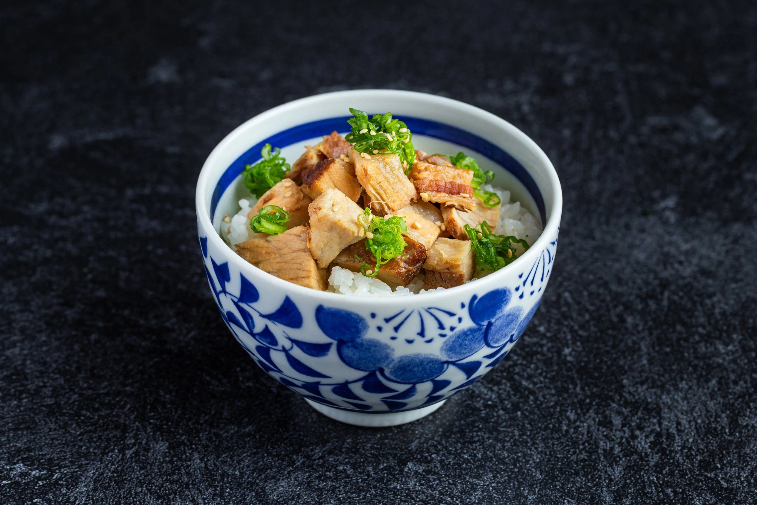 A bowl of rice topped with cha-siu and chopped green onion