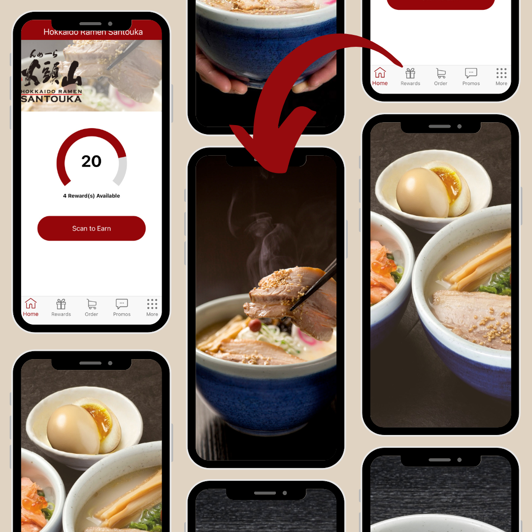several phone screen images with ramen, topping, and santouka app screen in each phone image, an arrow indicating rewards for ramen