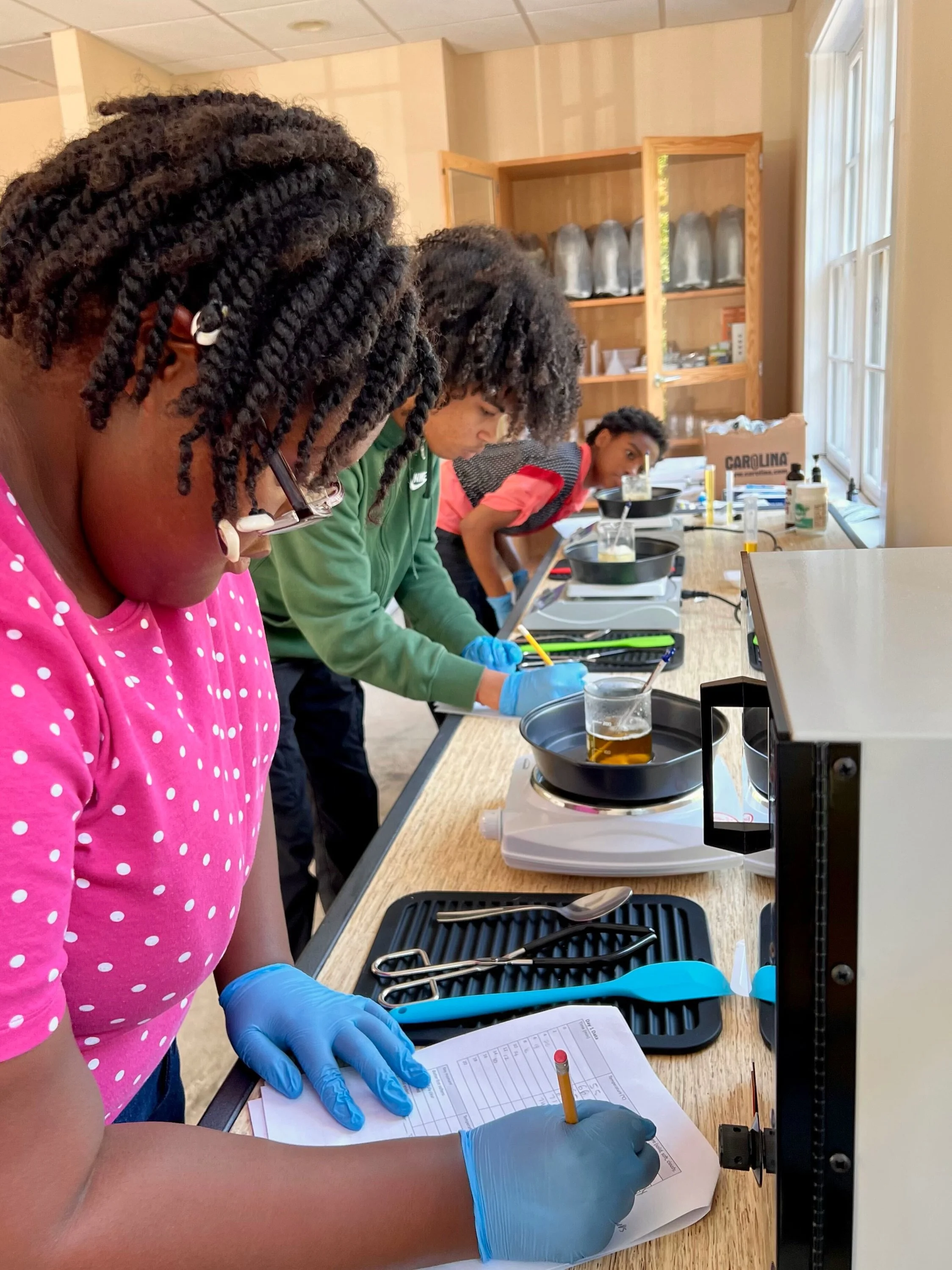 High school chemistry students are learning about types of matter, trends in the periodic table, chemical bonds, and physical vs chemical changes by making body butter. 

The ingredients are all natural, and they have taken a formula view on designin