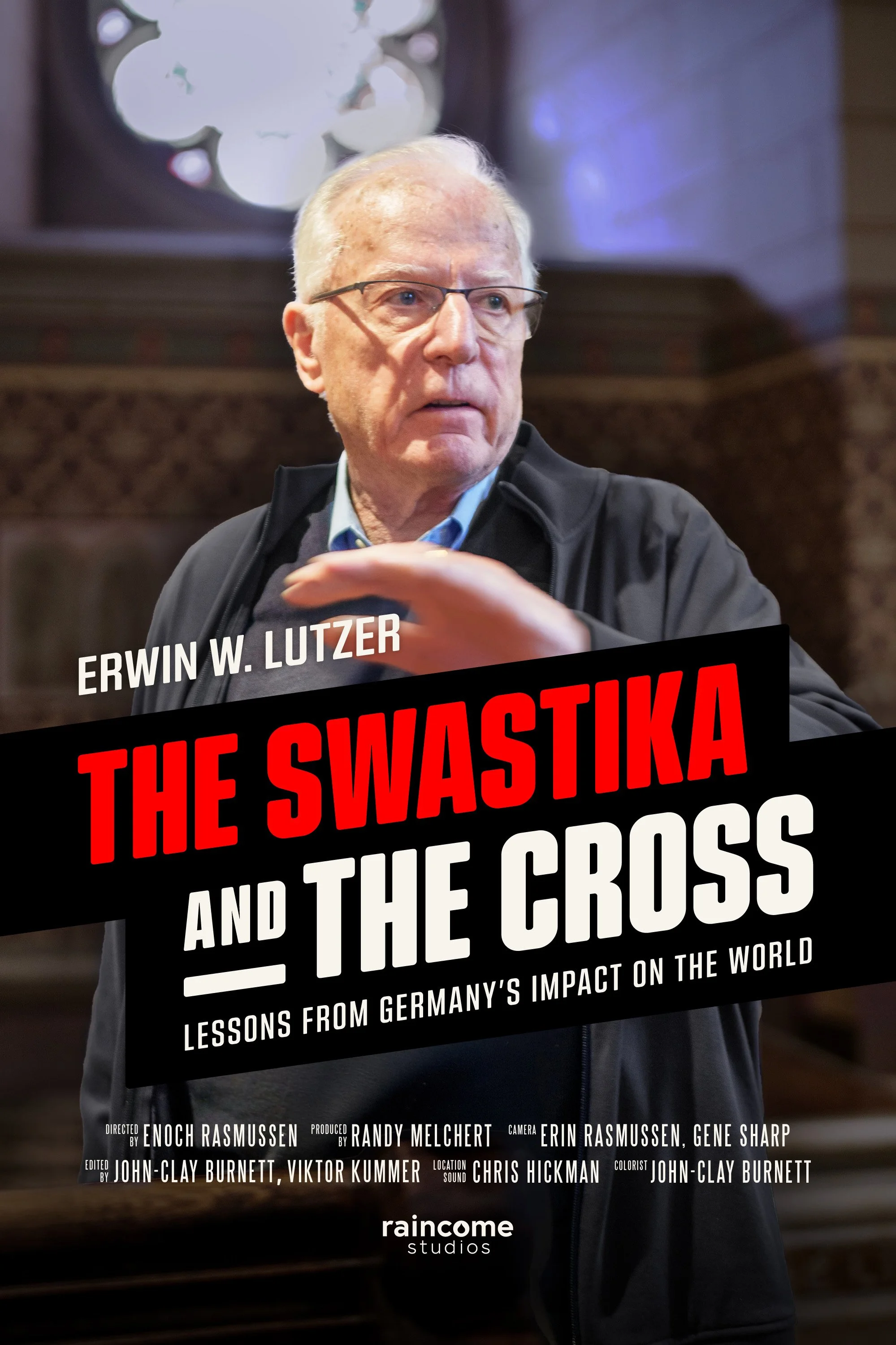 A documentary film cover featuring an older man with glasses, white hair, and a serious expression, standing indoors with wood paneling and a stained glass window in the background. The title reads "The Swastika and the Cross: Lessons from Germany's Impact on the World" by Erwin W. Lutzer.