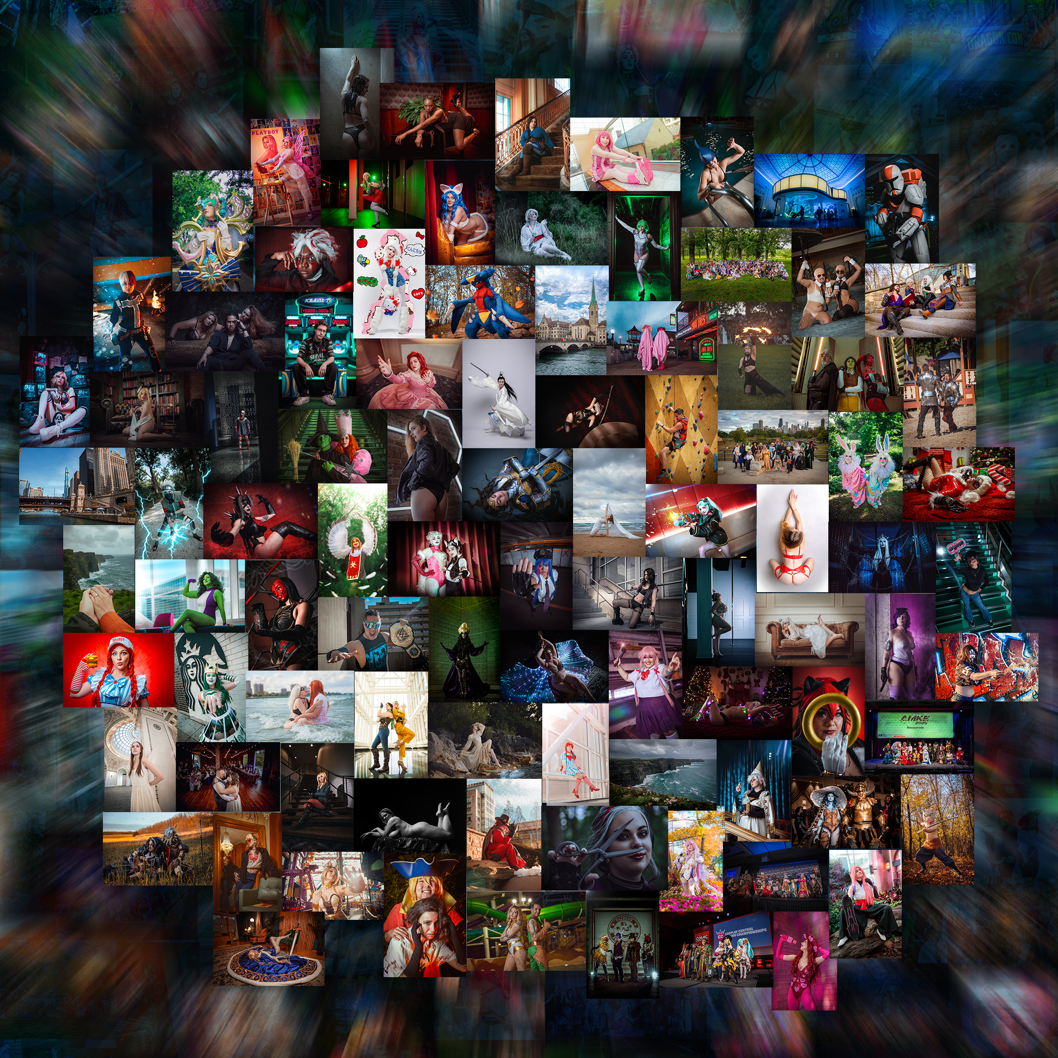 A collage of various photo work from 2025. Featuring people in different costumes, costumes, cosplay, outdoor and indoor scenes, events, and performances.