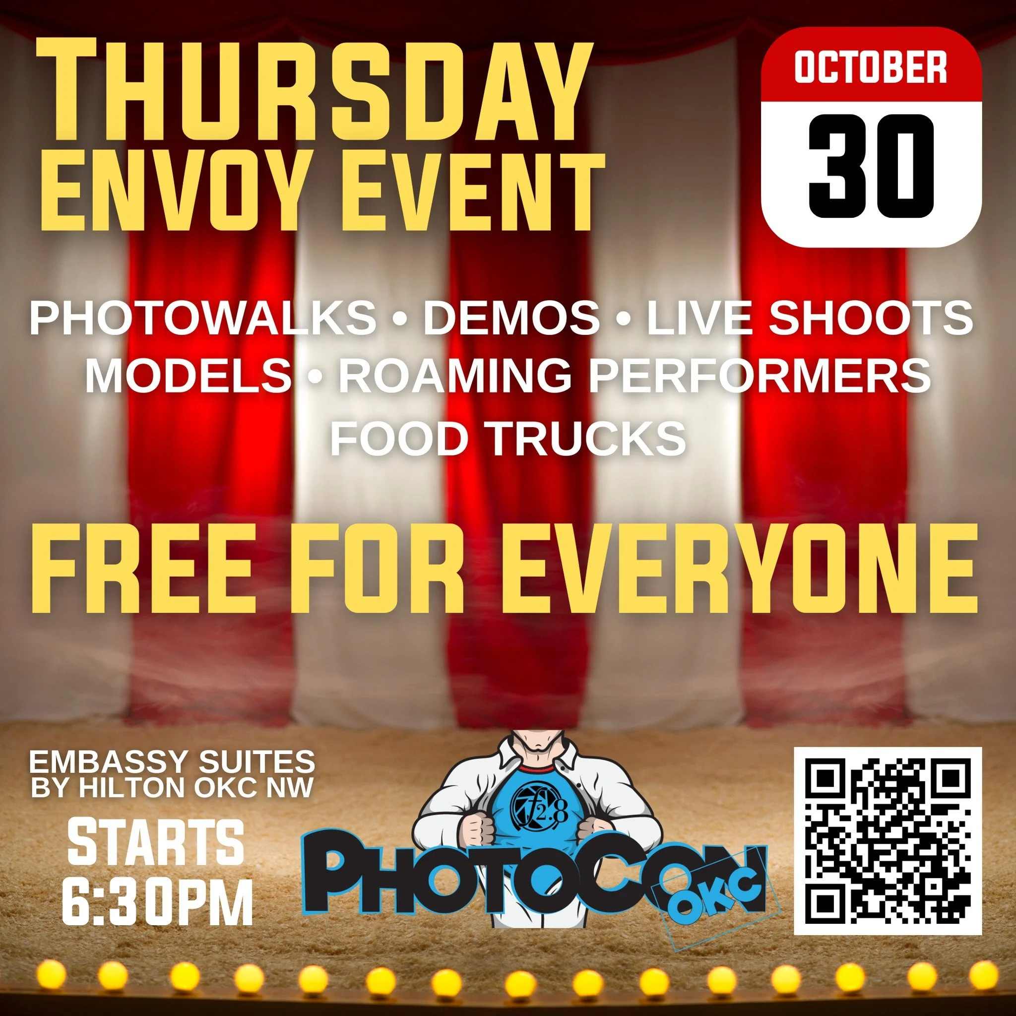 PhotoCon Envoy Thursday kicks off October 30, 2025, at 6:30pm!

Get ready for an unforgettable evening filled with live photo demos, creative shoots, models, roaming circus performers, and local food trucks. This is the official launch of PhotoCon OK