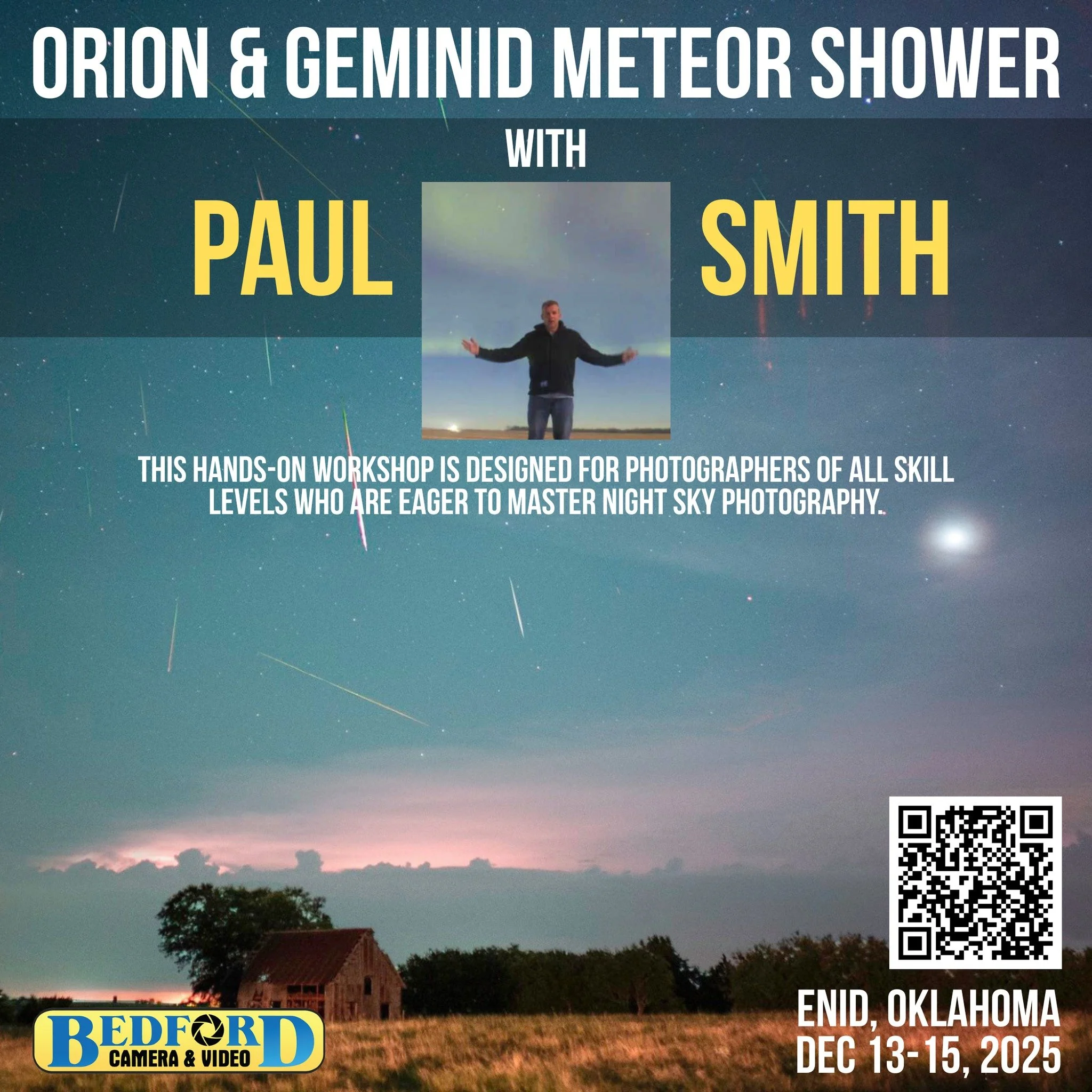 When Science Meets the Stars

Are you an astrometer, scientist, or photographer fascinated by the deep mysteries of the night sky? Then the Oklahoma Orion &amp; Geminid Meteor Shower Adventure is calling your name.
December 13&ndash;15, 2025 |  Enid,