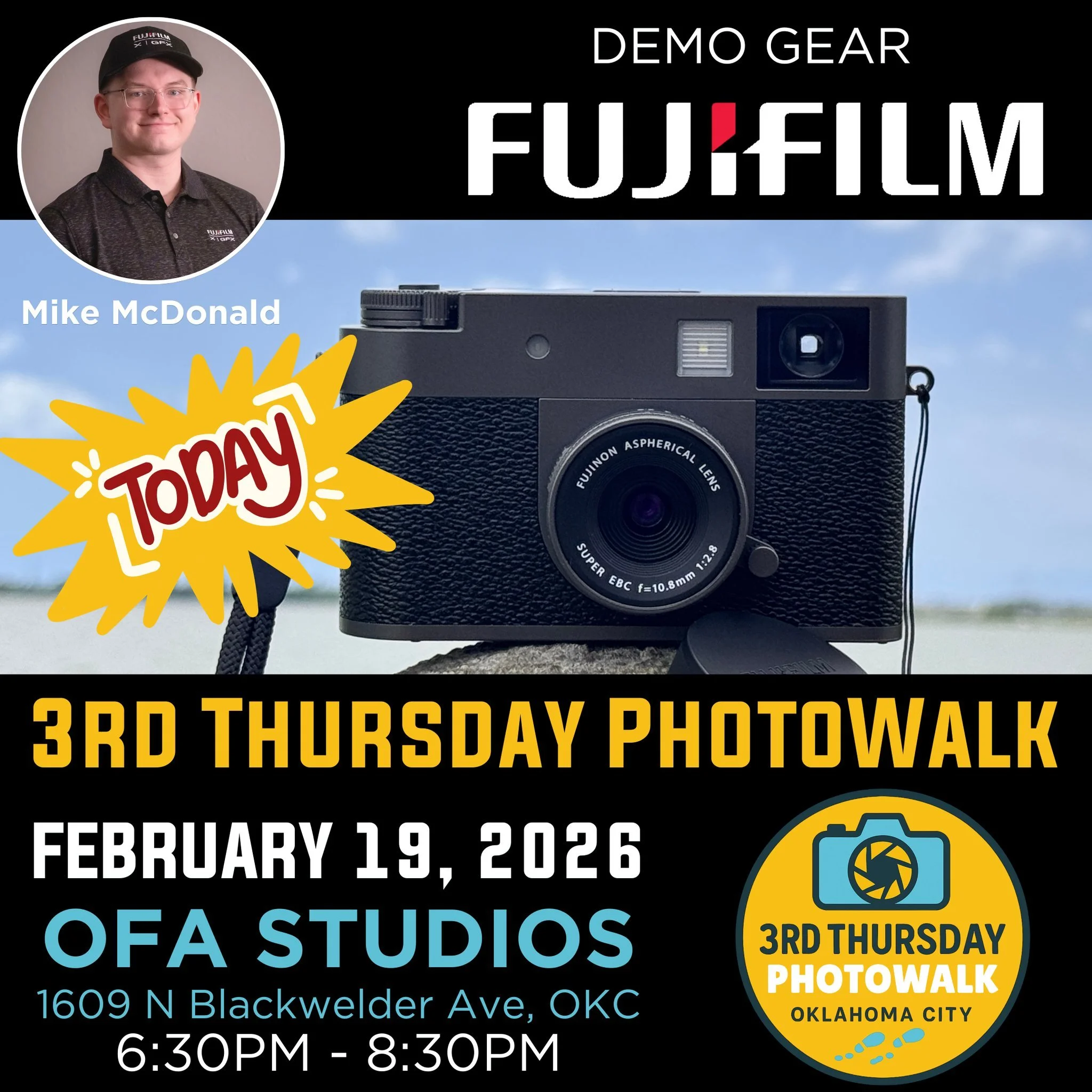 TODAY (Feb 19, 2026)

We&rsquo;re kicking off 3rd Thursday PhotoWalks early this year, and it starts TONIGHT in the Plaza District!

Come see us at FUJIFILM Demo Day at the Bedford Camera OKC store from 4:00&ndash;6:00 PM, then roll straight into our