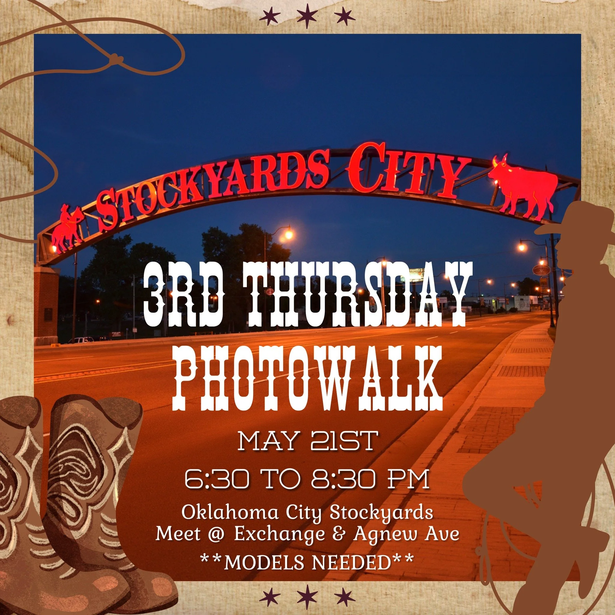 *NOW DEPENDENT ON WEATHER**
🔥📸 Tonight we&rsquo;re heading to the Oklahoma City Stockyards for May&rsquo;s Third Thursday Photowalk.

If you&rsquo;ve been needing an excuse to get out, shoot, meet other creatives, and explore one of the most photog